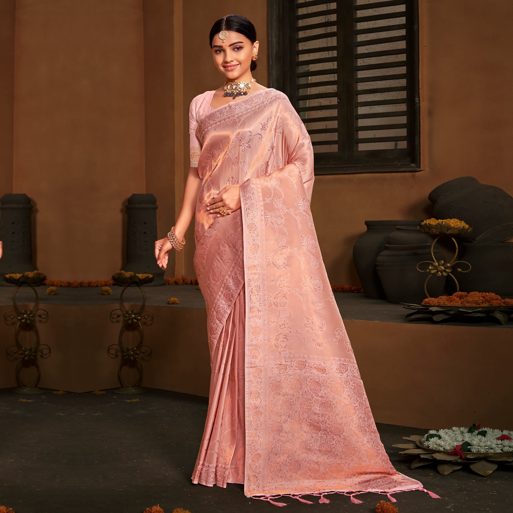Peachmode Light Pink Woven Art Silk Saree With Tassels