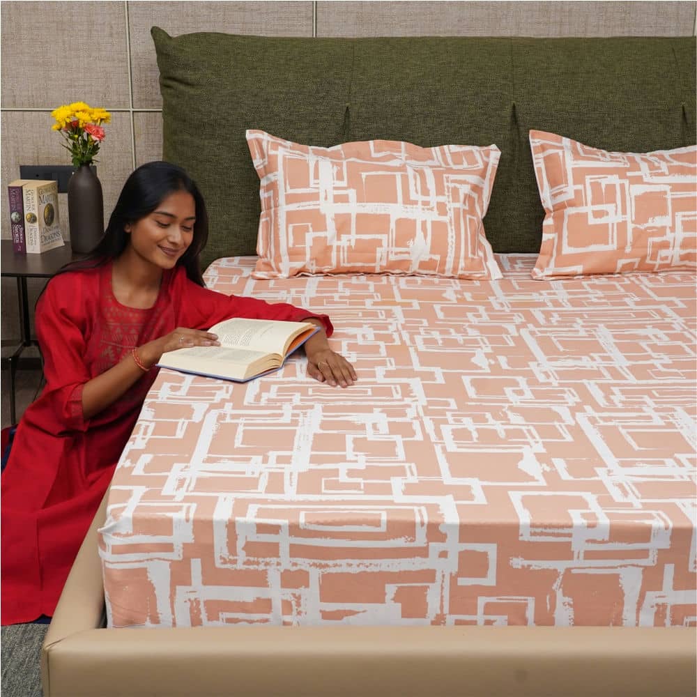 Urban Space -Home Furnishing Store Fitted King Size Cotton Bedsheet - Checkers - Peach