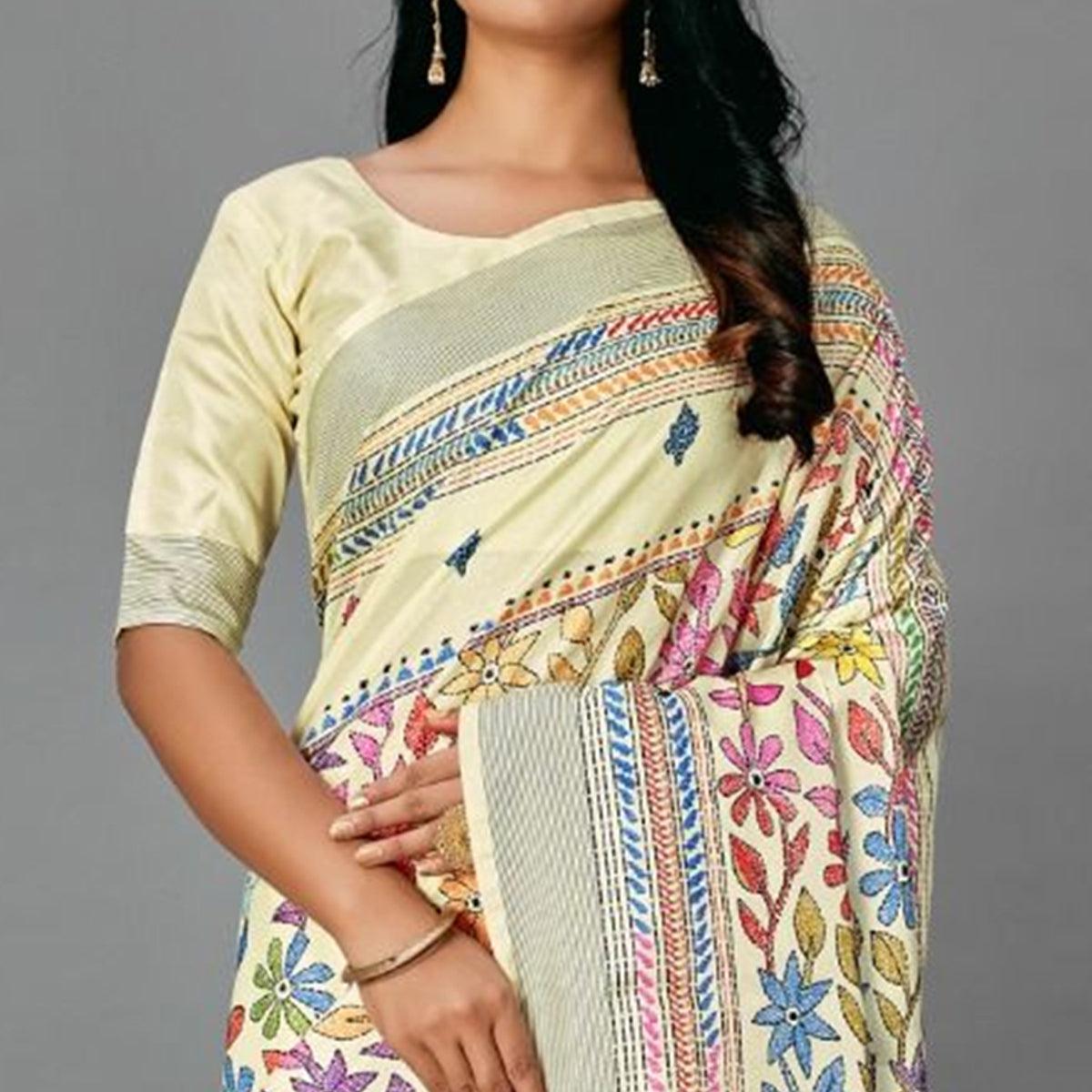 Peachmode Cream Casual Art Silk Printed Saree With Unstitched Blouse - view 2