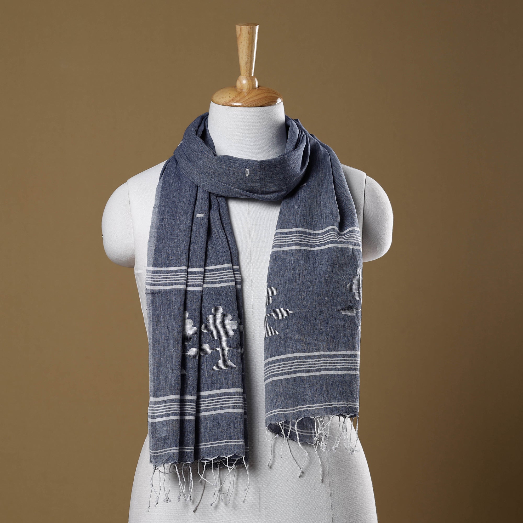 KHUSHBASH - HAPPY LOOM OF EAST Blue - Burdwan Jamdani Buti Handloom Cotton Stole with Tassels