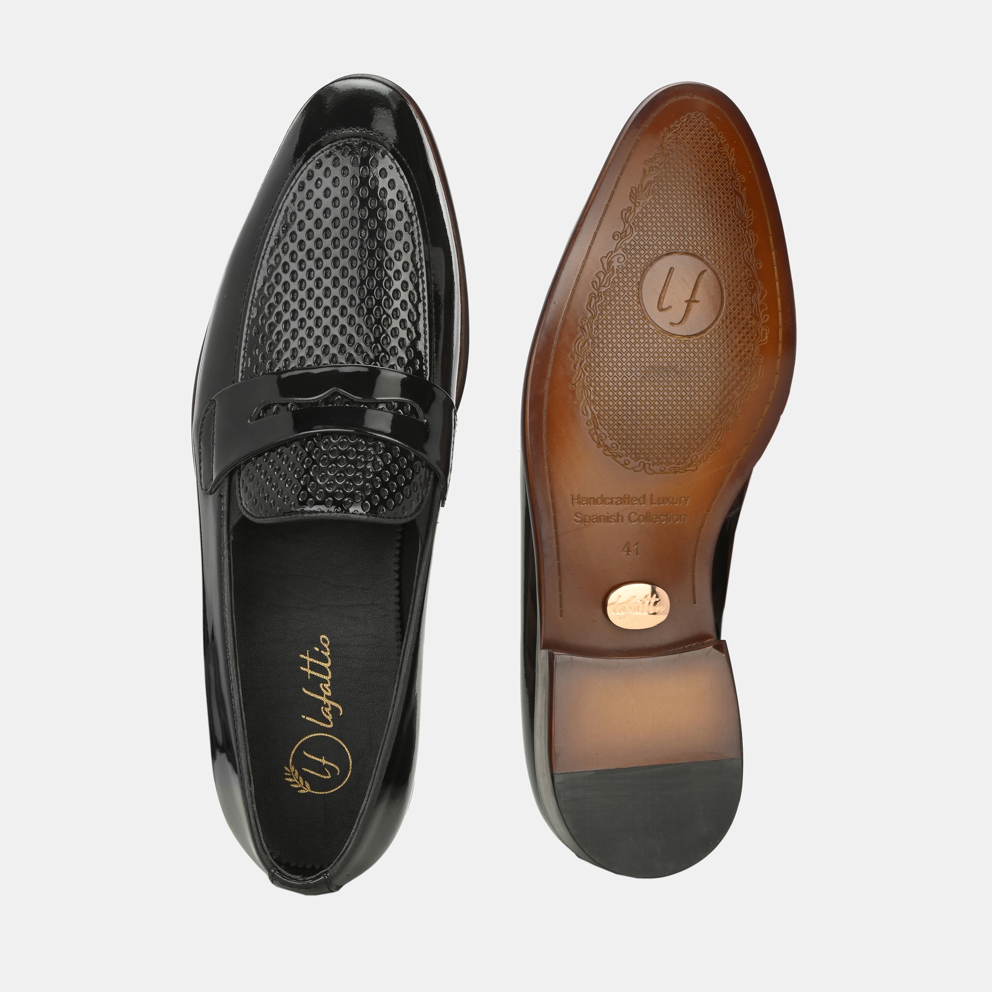 Patent Black Perforated Penny Loafers by Lafattio - view 3