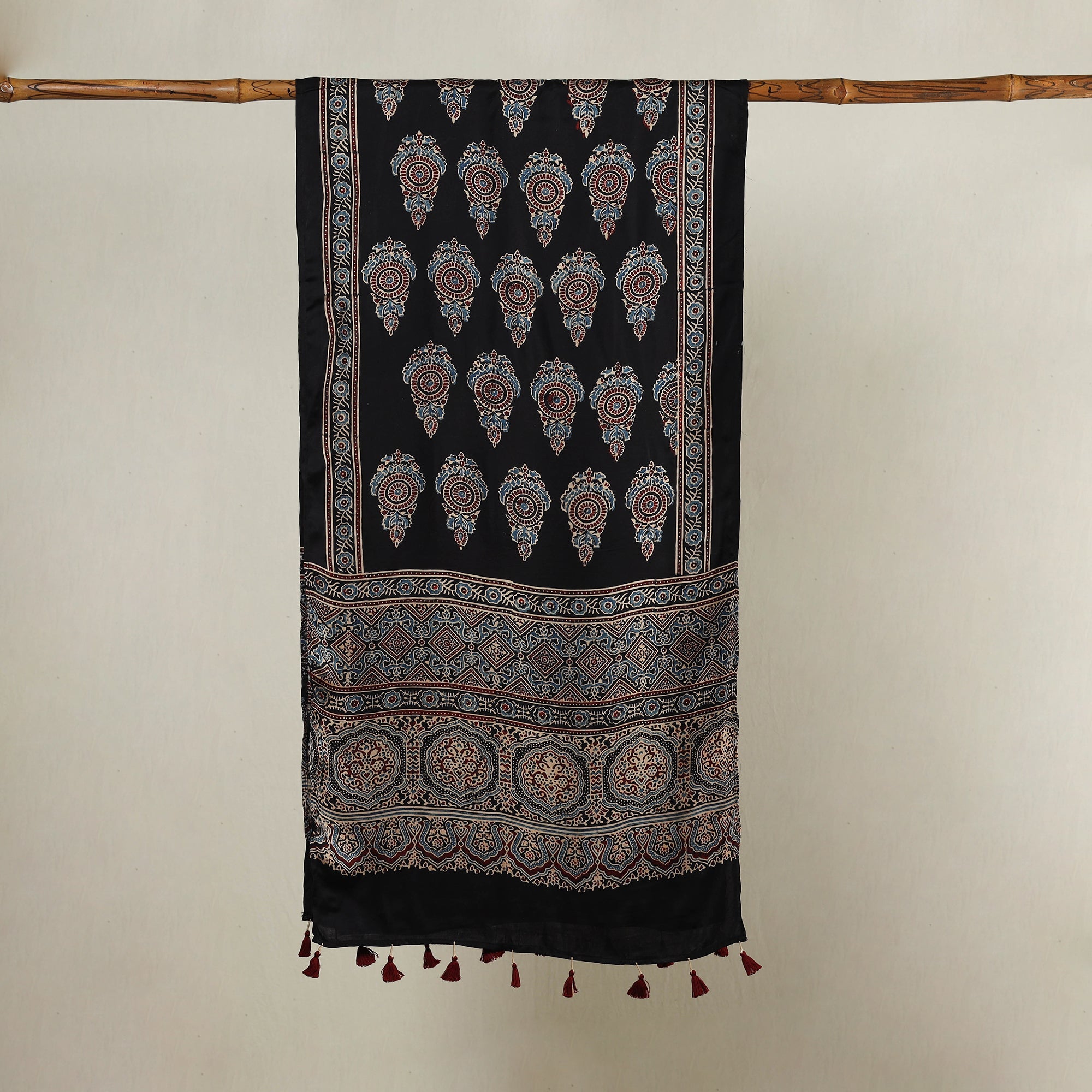 RIYAZ ABDULMAJID KHATRI - AJRAKH Black - Ajrakh Hand Block Printed Modal Silk Stole with Tassels - view 2