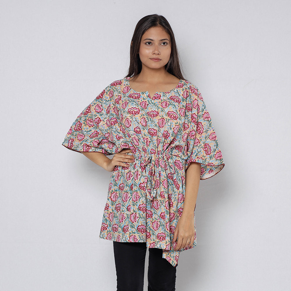 ITOKRI CASUALS Beige - Sanganeri Block Printed Cotton Kaftan with Tie-Up Waist (Short)
