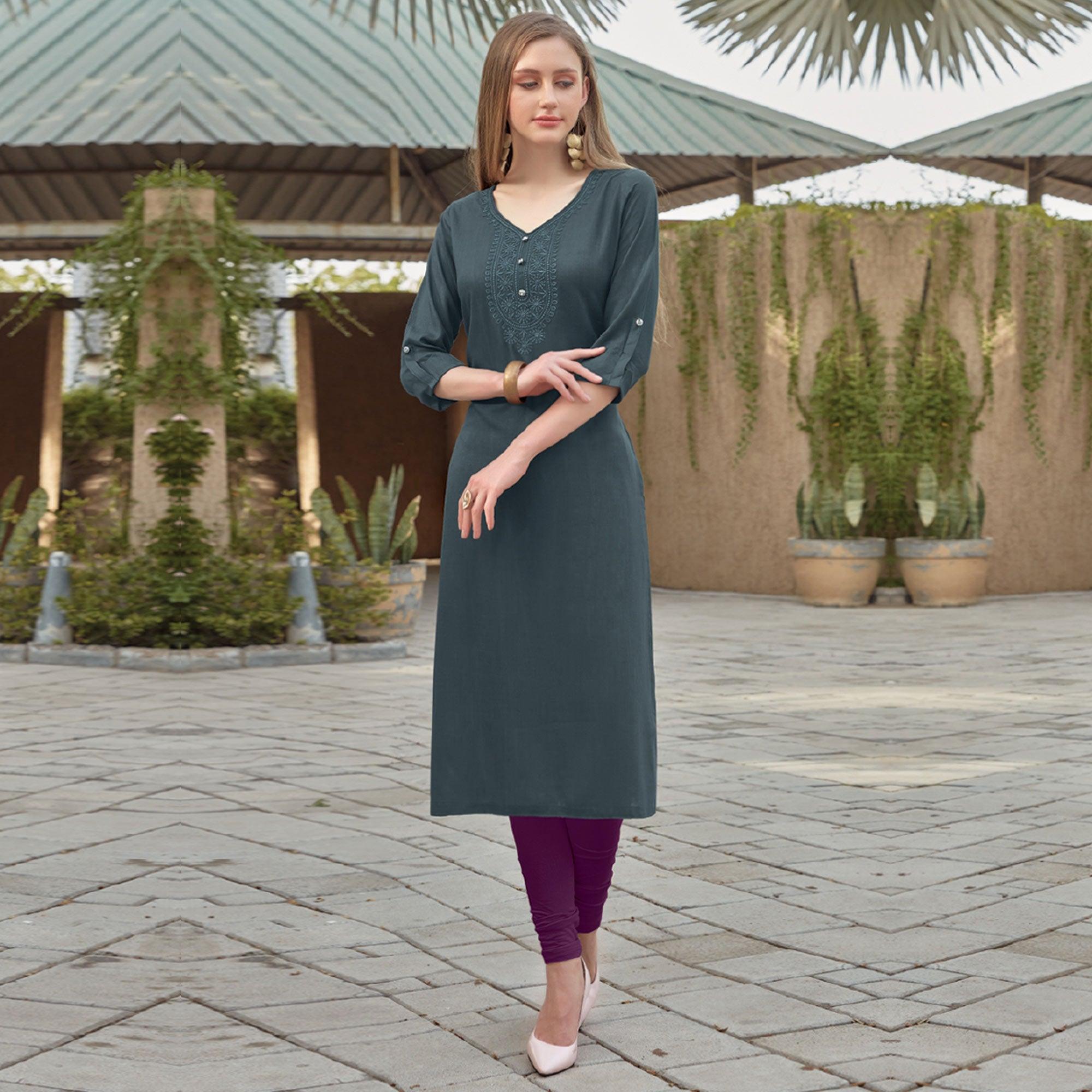 Peachmode Seller Grey Sequins Embroidered Rayon Kurti - view 2