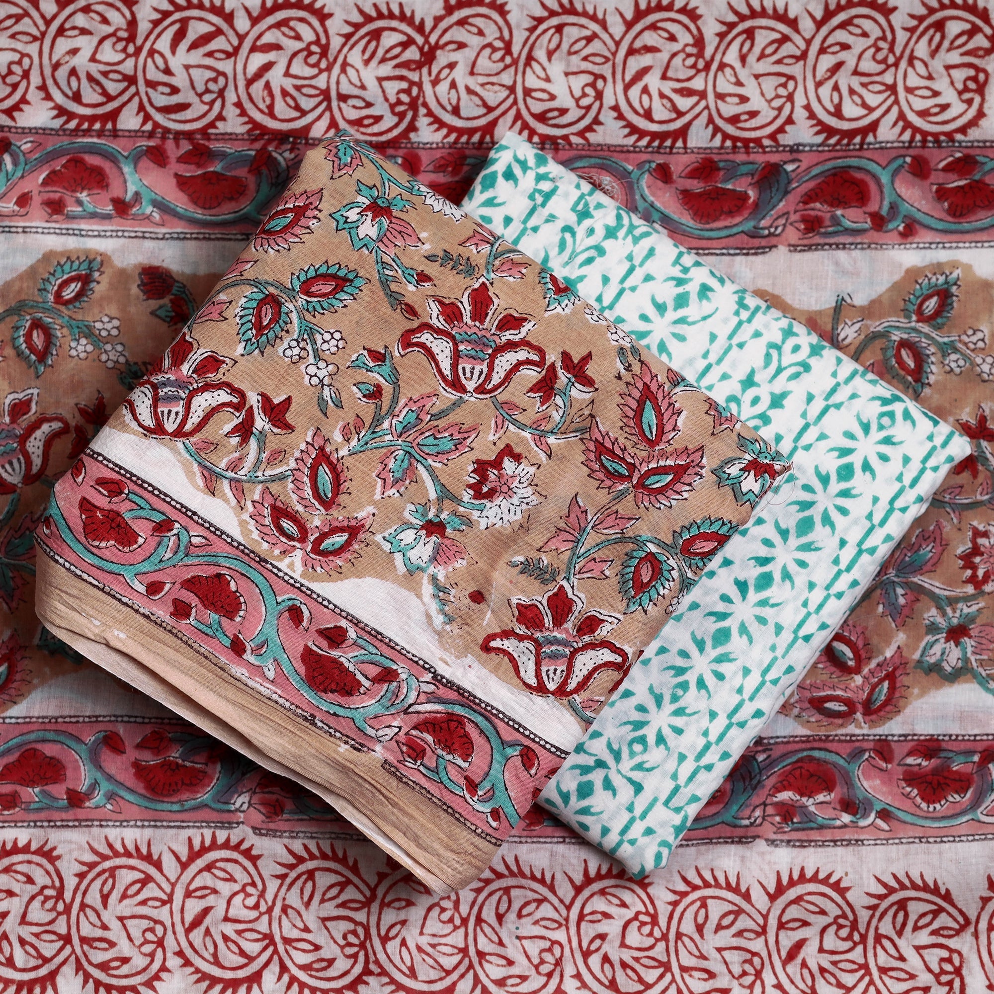 ARTISAN HAND BLOCK PRINTS Brown - 3pc Sanganeri Block Printed Cotton Suit Material Set - view 2