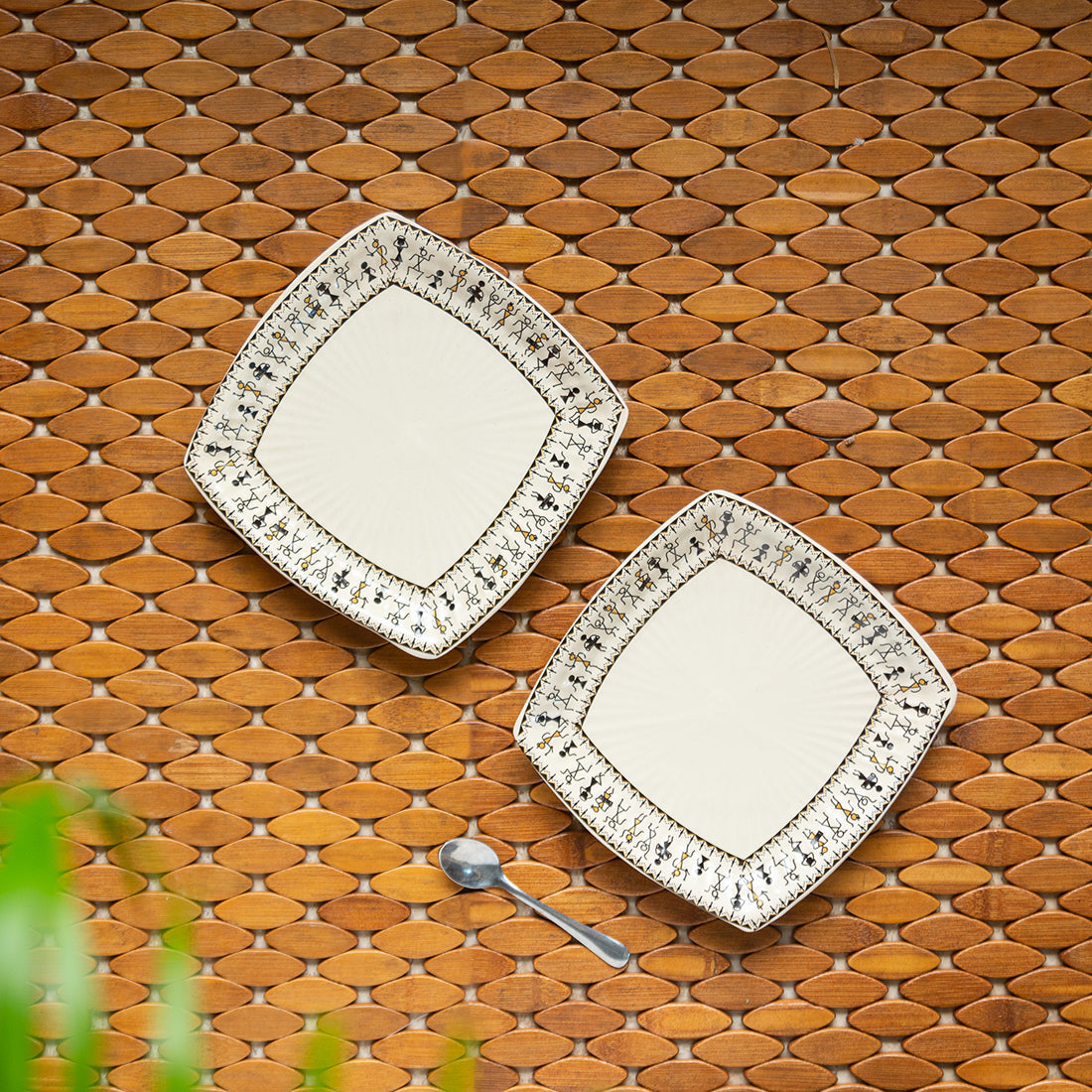 EXCLUSIVELANE 'Whispers of Warli' Handcrafted Ceramic Side/Quarter Plates (Set of 2, 7 Inches, Microwave Safe)