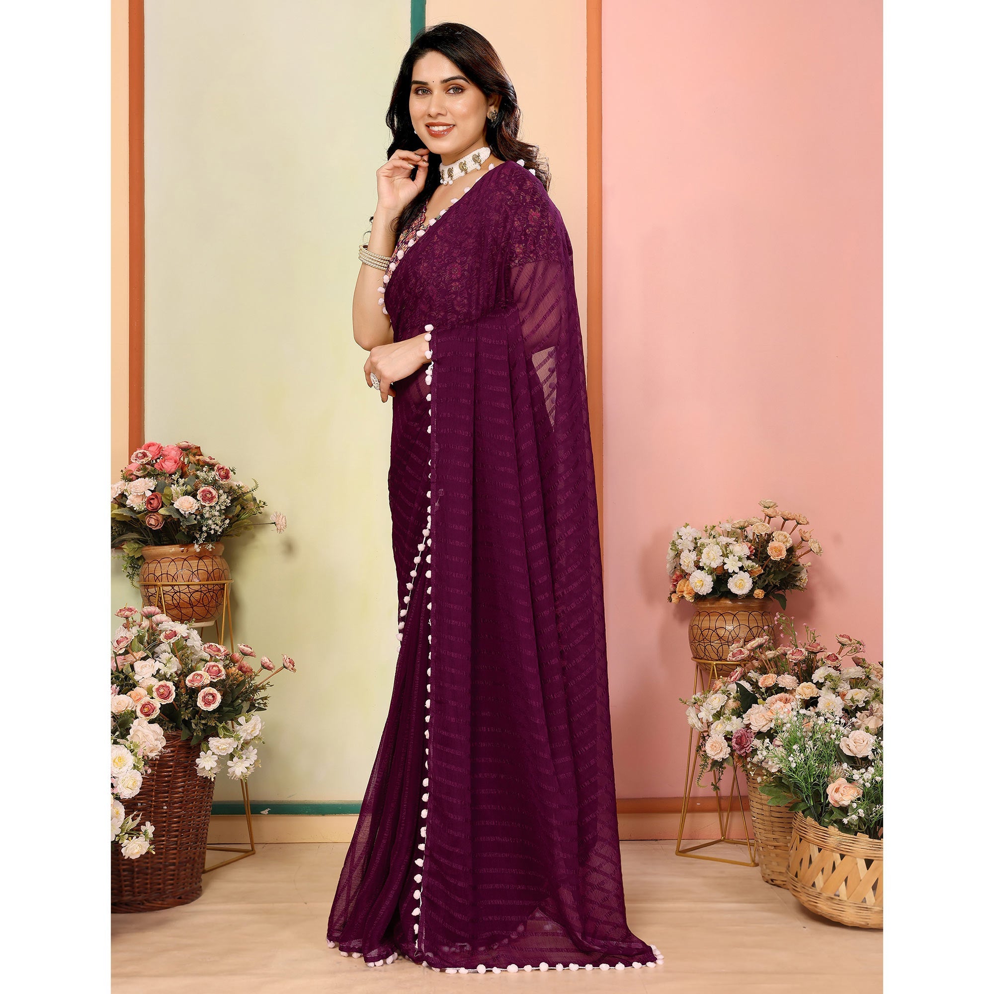 Peachmode Purple Woven Striped Pattern Georgette Saree - view 4