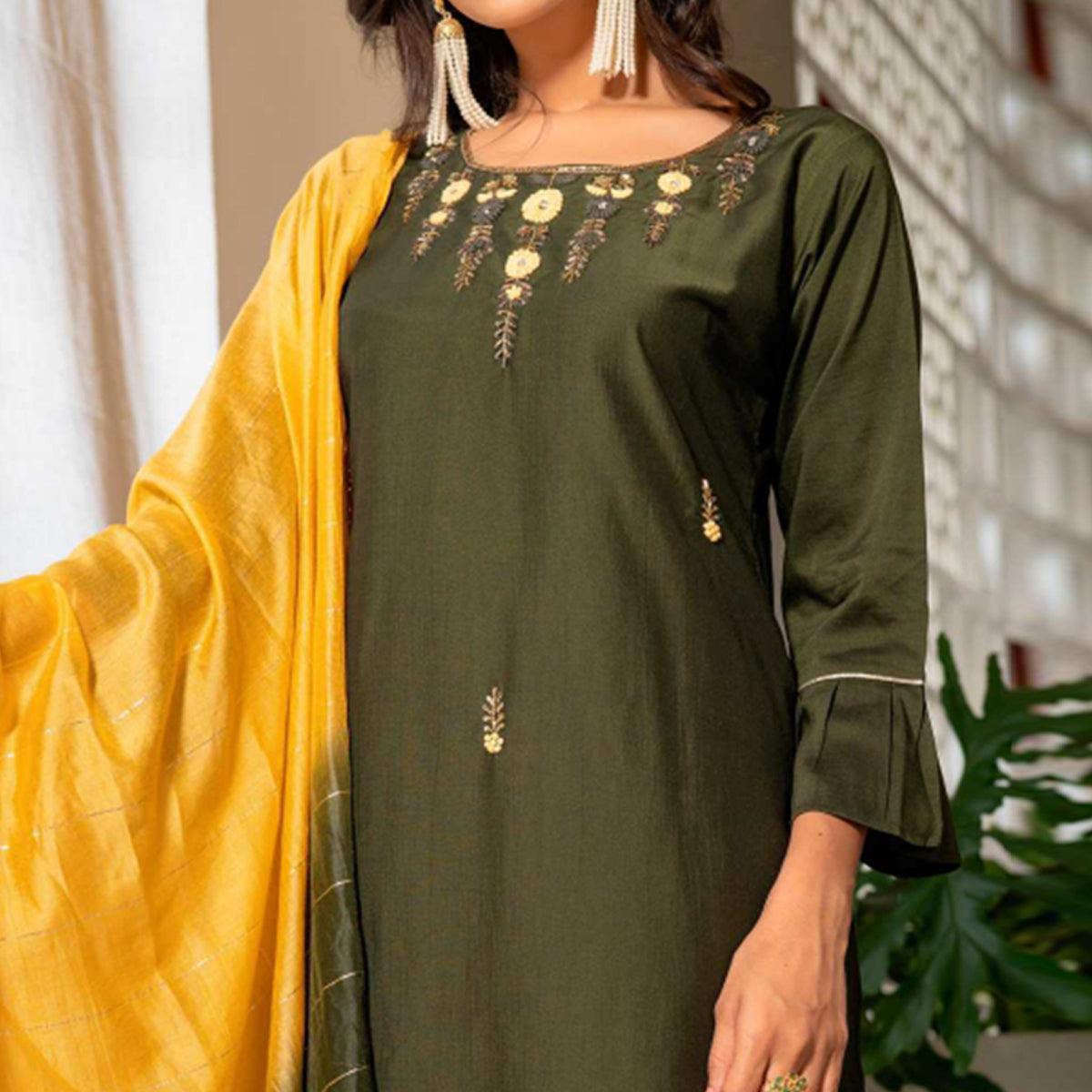 Peachmode Mehendi Green Partywear Floral Embroidered Georgette Suit - view 3