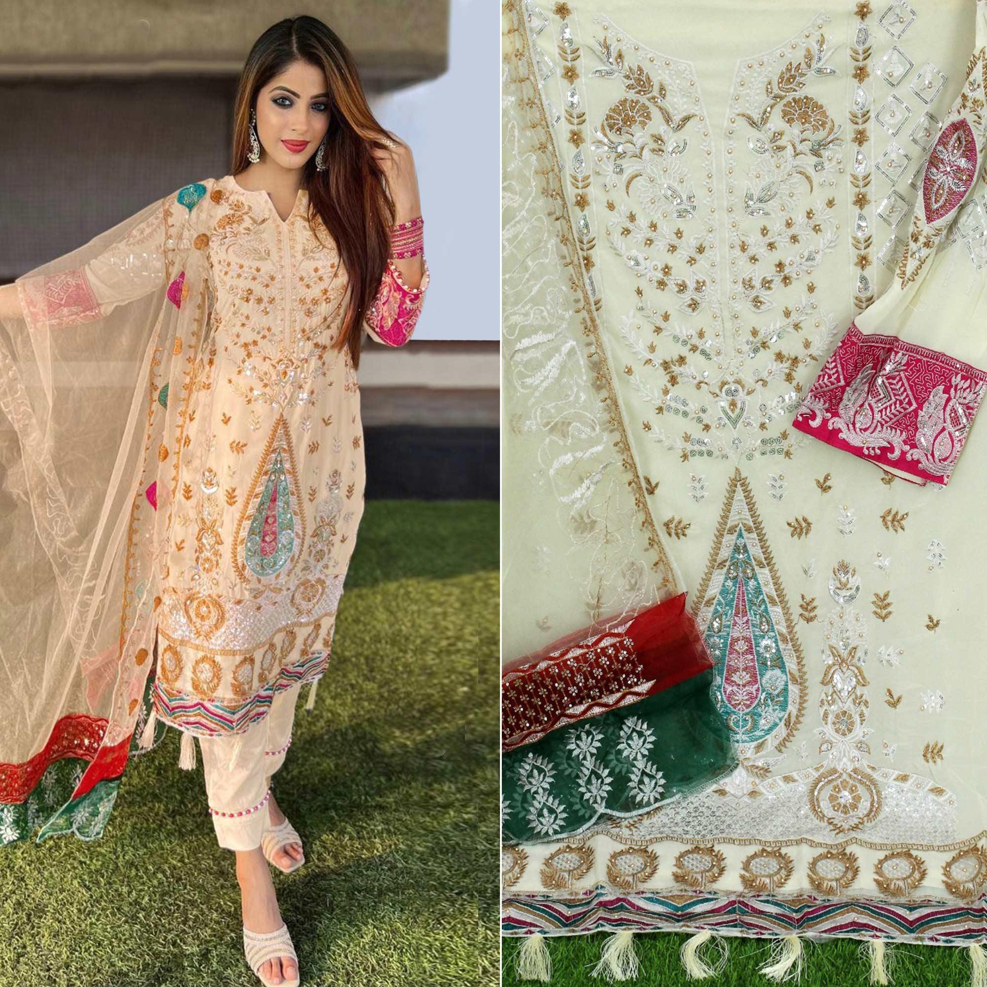 Peachmode Chikoo Floral Sequins Embroidered Georgette Pakistani Suit