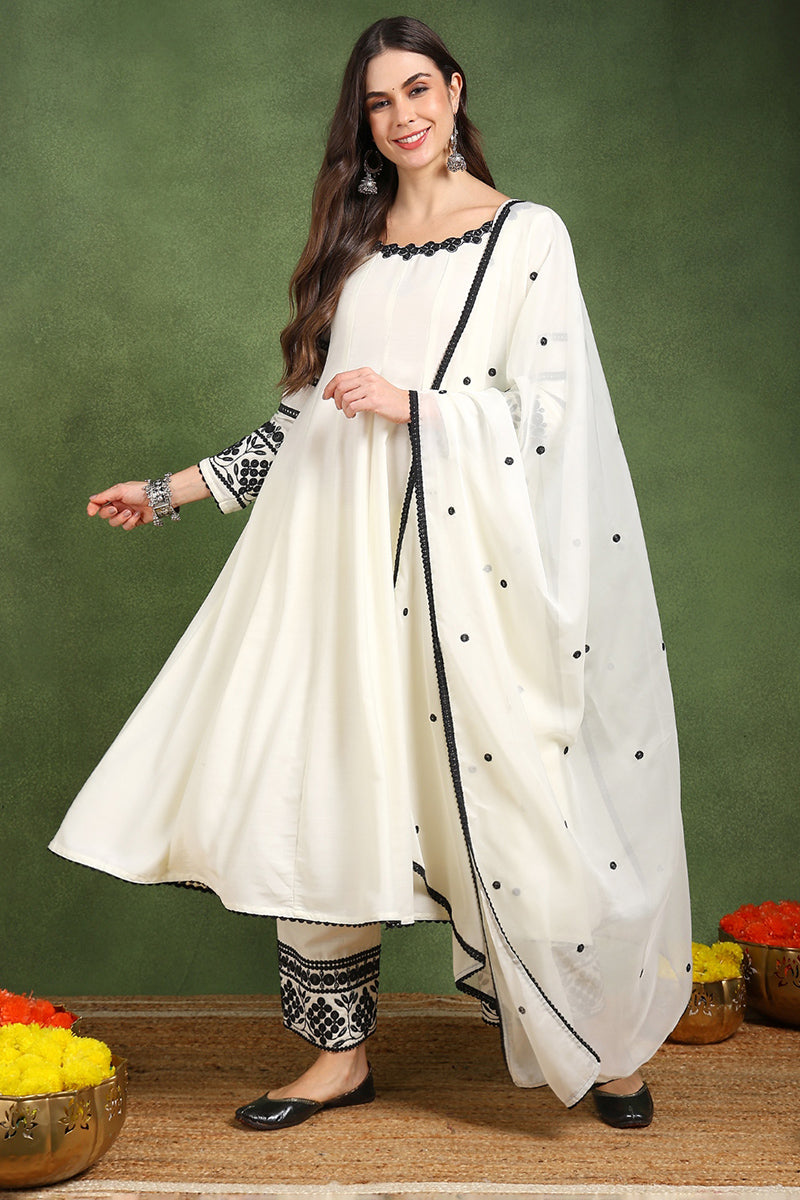 Ahika White Silk Blend Solid Embroidered Anarkali Suit Set PKSKD2761