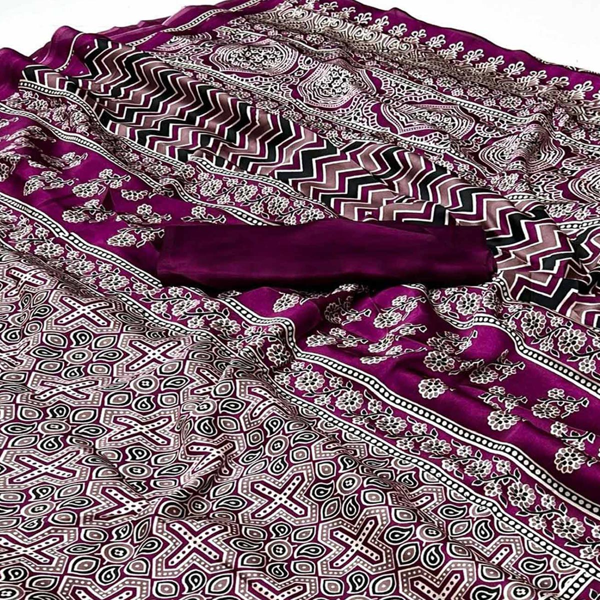 Peachmode Magenta Ajrakh Printed Satin Saree – Women's - view 2