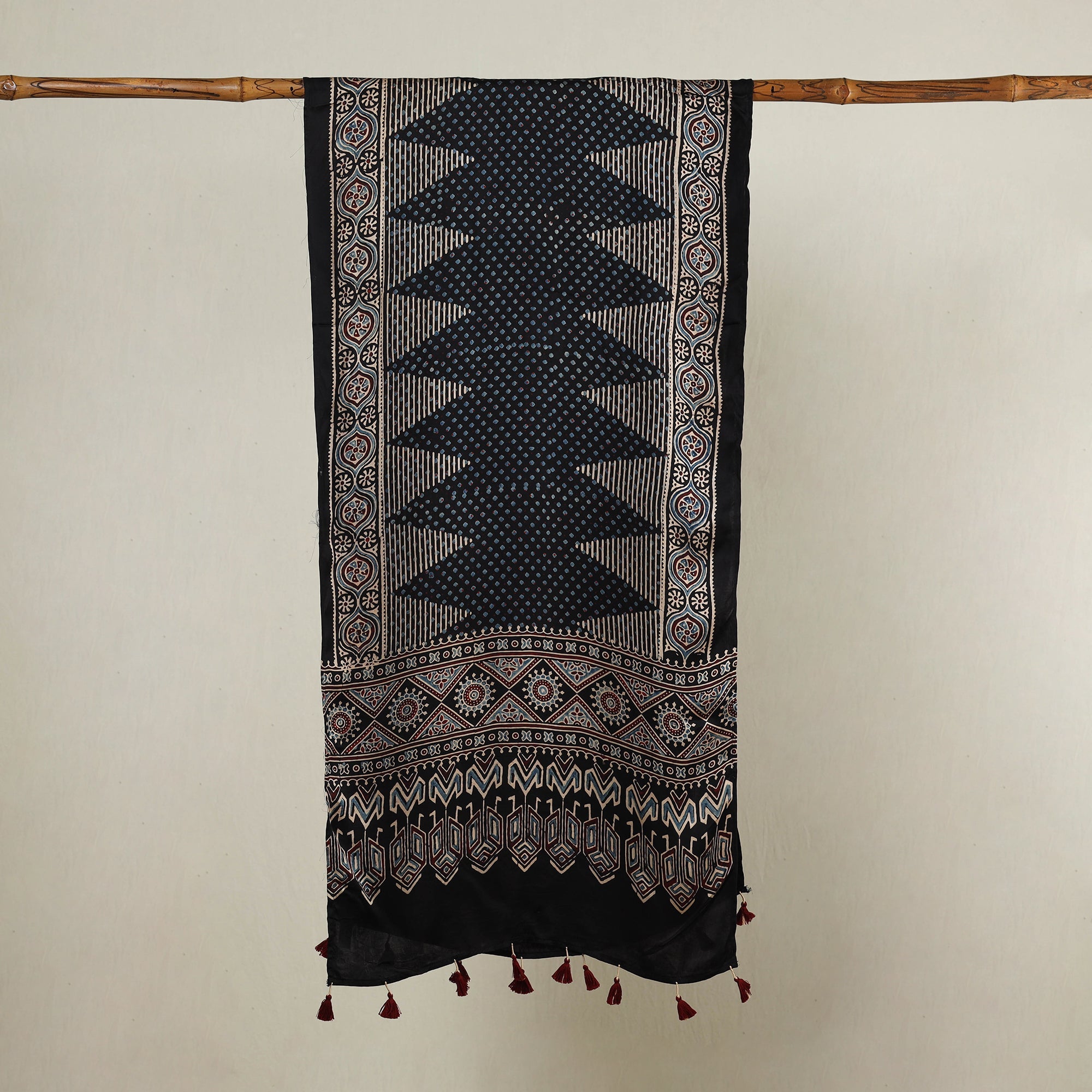 RIYAZ ABDULMAJID KHATRI - AJRAKH Black - Ajrakh Hand Block Printed Modal Silk Stole with Tassels - view 2