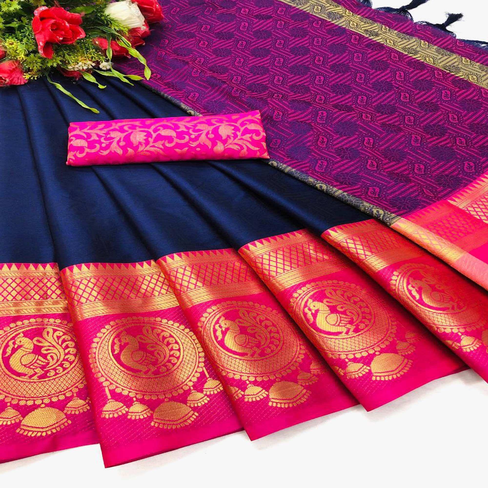 Peachmode Innovative Blue Coloured Casual Wear Printed Self Cotton Silk Saree