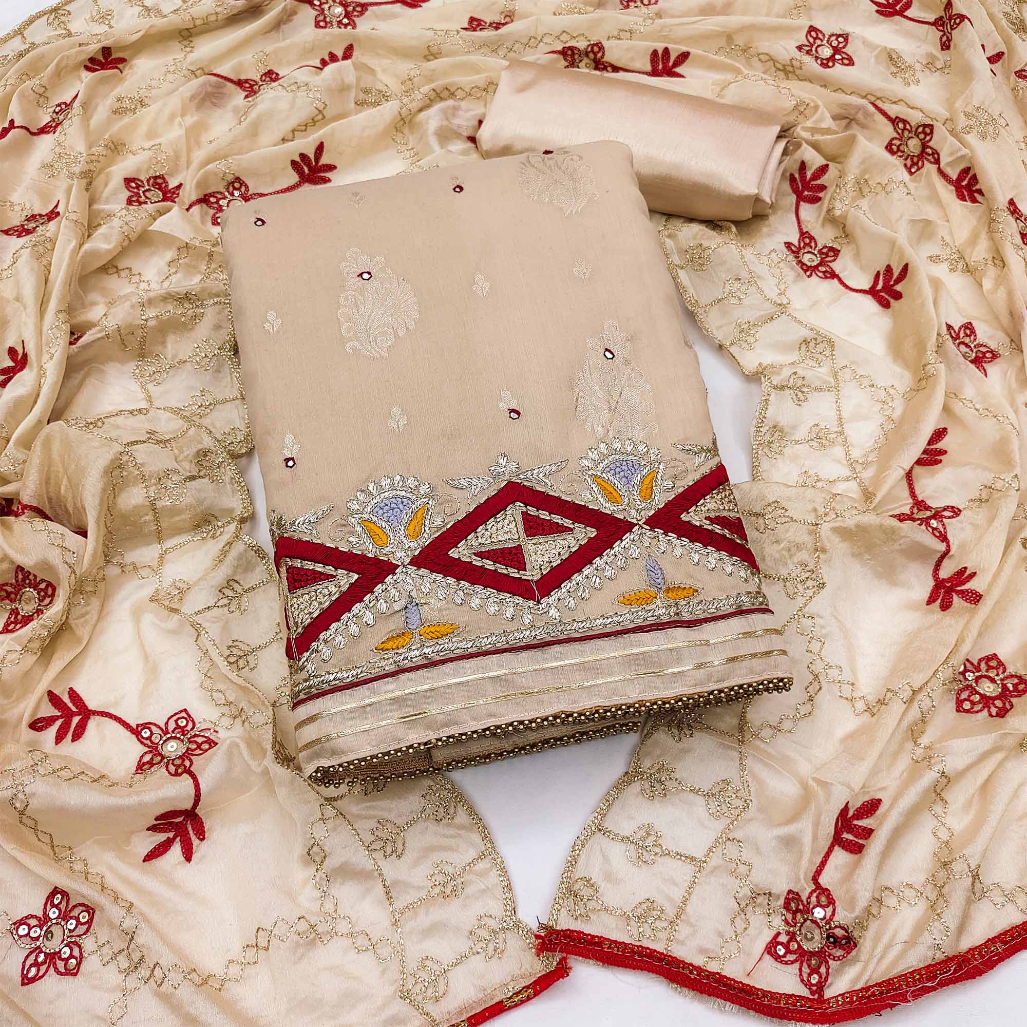 Peachmode Chikoo Floral Woven Banarasi Silk Dress Material