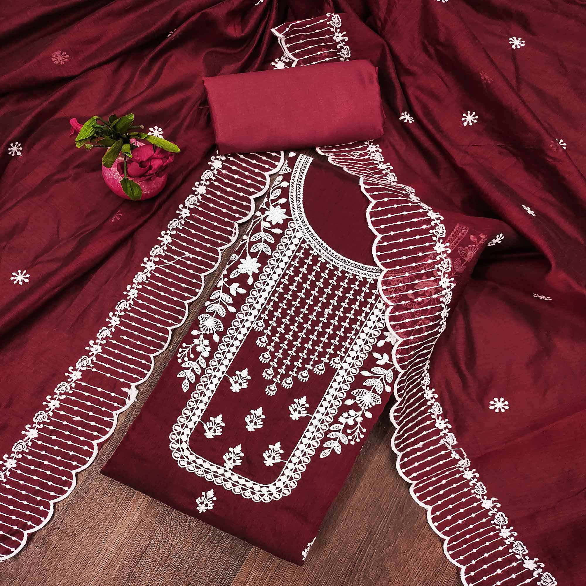 Peachmode Maroon Floral Embroidered Chanderi Dress Material