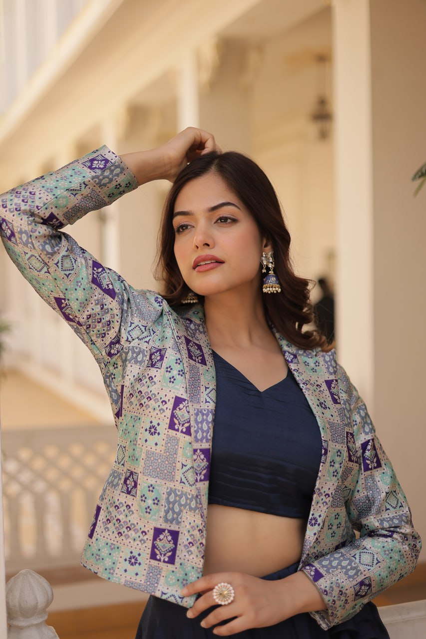 Clothsvilla Navy Blue Chinnon Lehenga Set with Sleeveless Blouse and Jacquard Koti - view 5