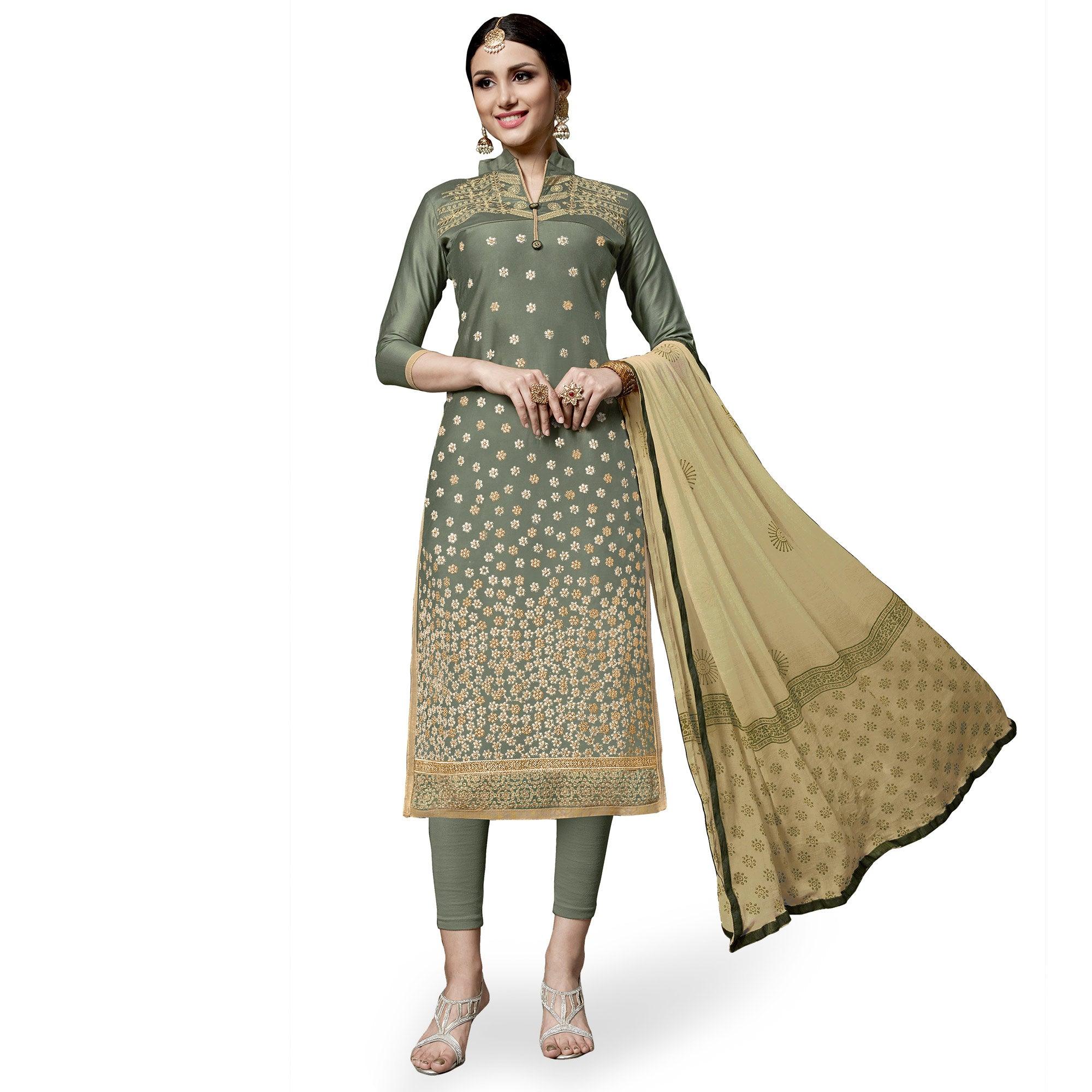 Peachmode Exceptional Olive Green Colored Partywear Embroidered Cotton Dress Material