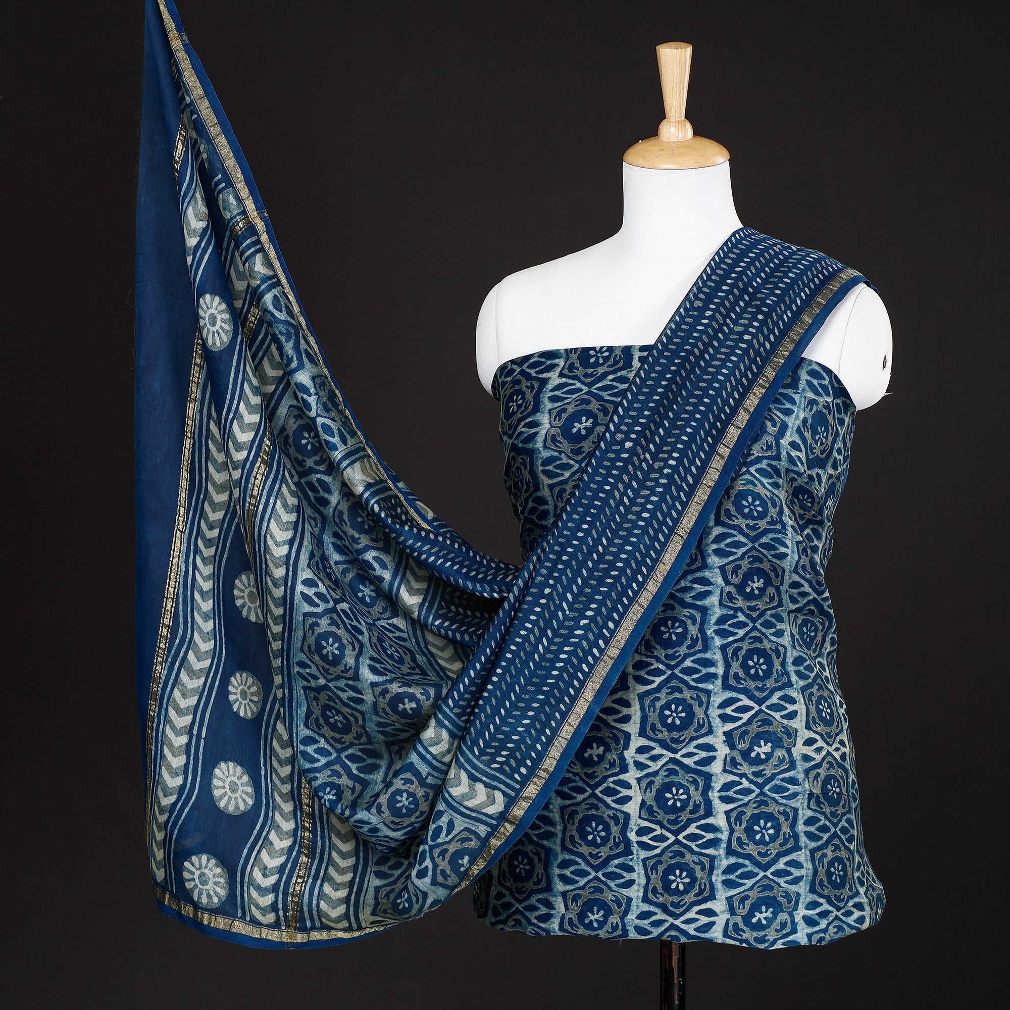 HAVELI CHRONICLES Blue - 3pc Akola Block Printed Chanderi Silk Suit Material Set