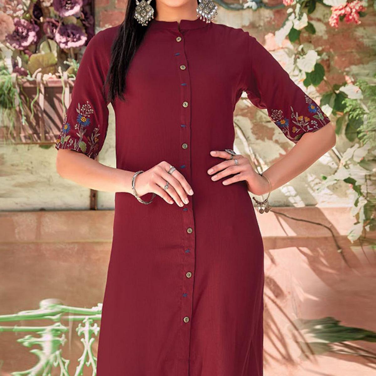 Peachmode Seller Maroon Floral Embroidered Rayon Kurti - view 4