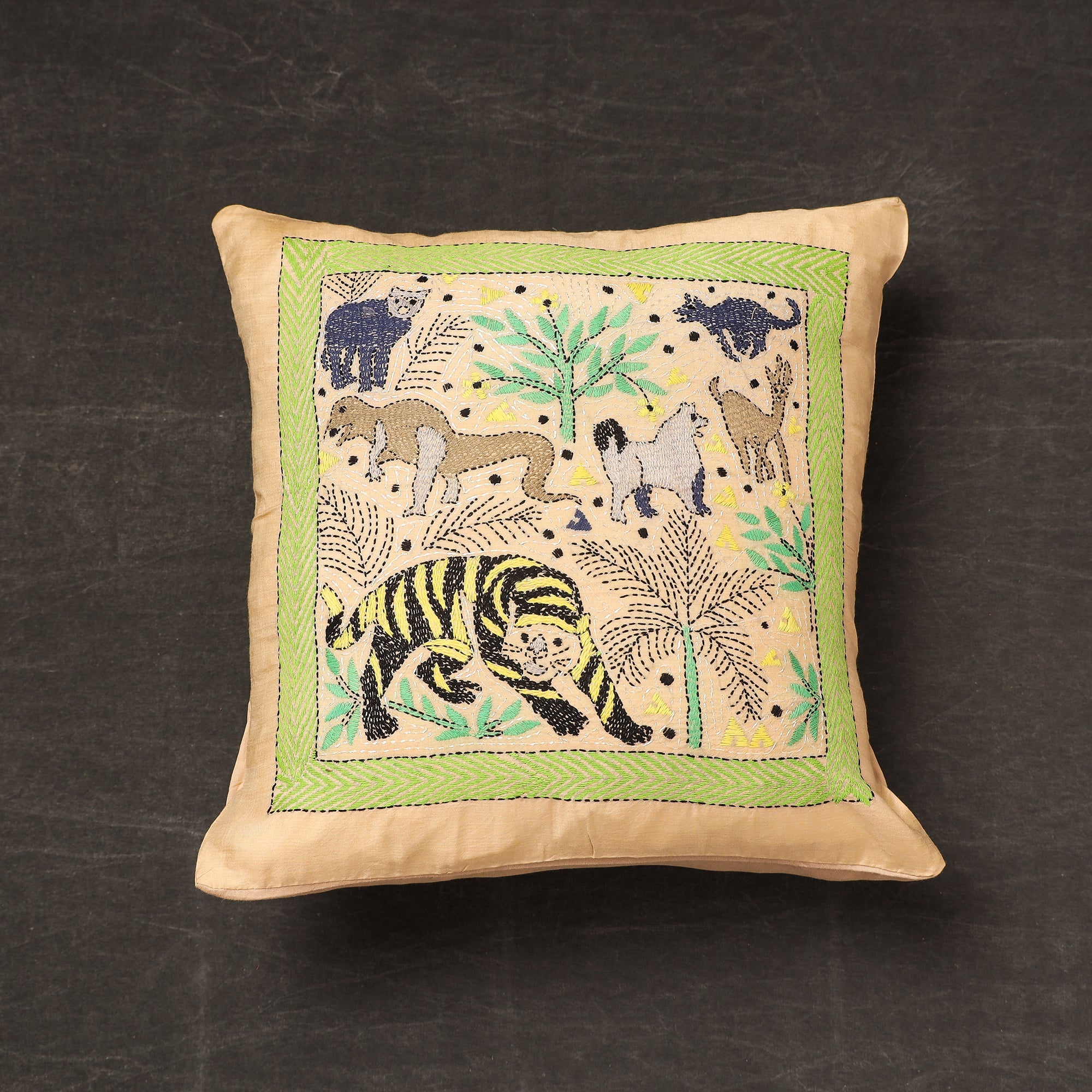 KHUSHBASH - HAPPY LOOM OF EAST Beige - Bengal Kantha Embroidery Silk Cushion Cover (15 x 15 in) 04