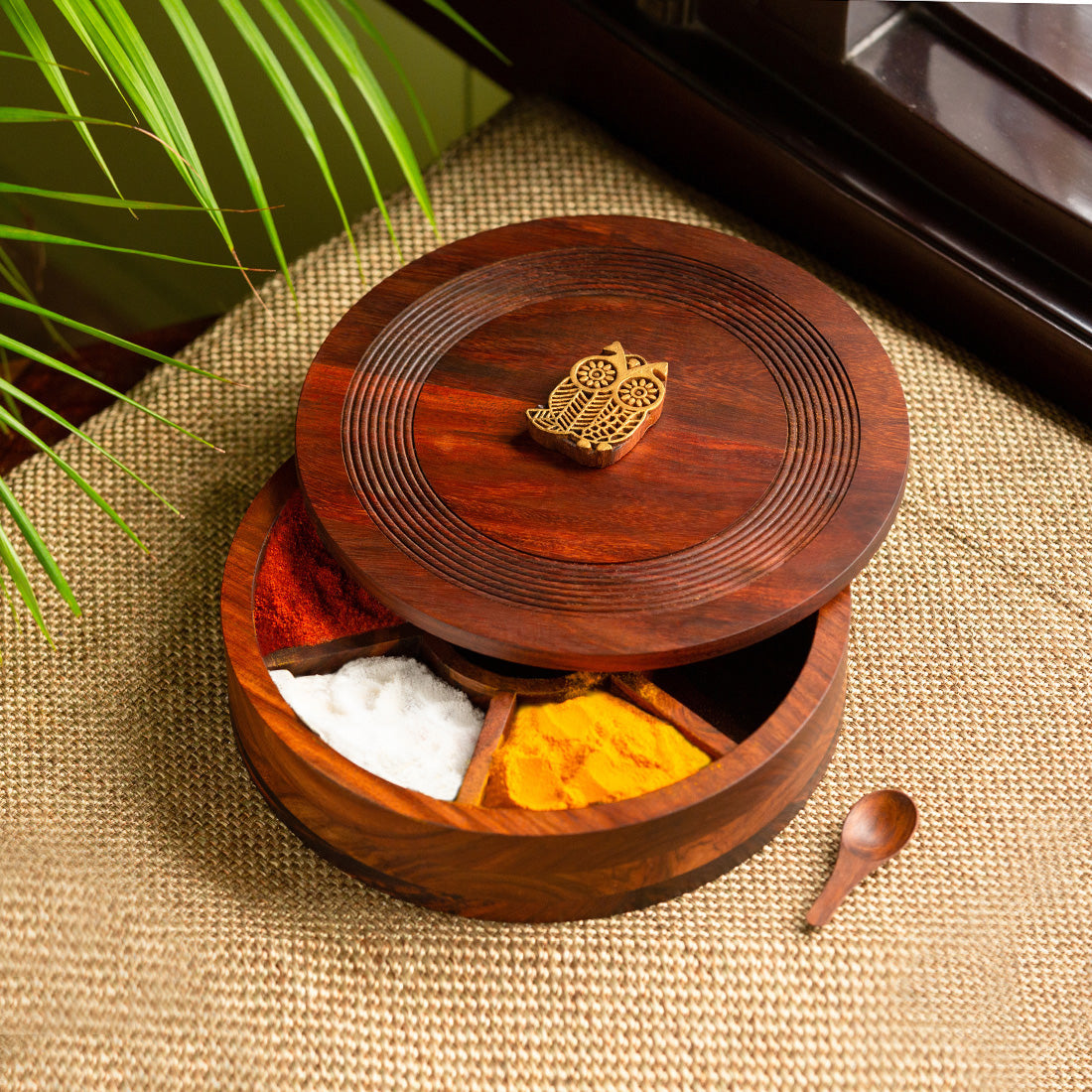 EXCLUSIVELANE 'Mystic Owl Block' Hand Carved Spice Box With Spoon In Sheesham Wood (7 Compartments, 80 ML)