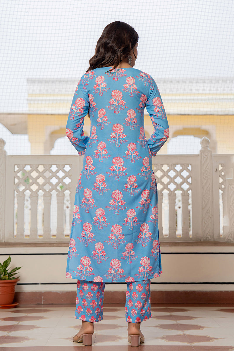 Ahika Blue Rayon Blend Floral Printed Straight Trouser Suit Set VKSKD2261 - view 4