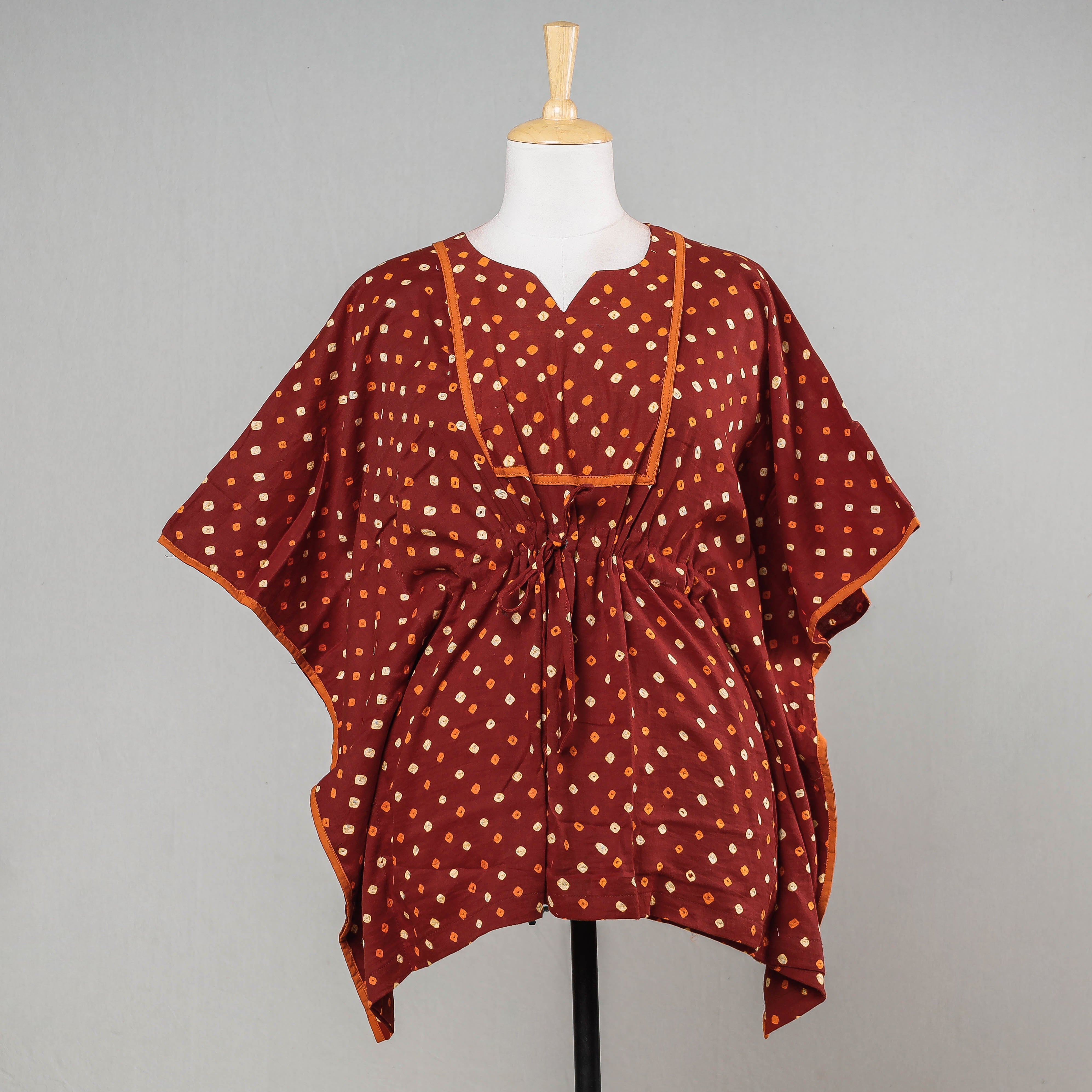 ITOKRI CASUALS Brown - Bandhani Tie-Dye Cotton Kaftan with Tie-Up Waist (Short)