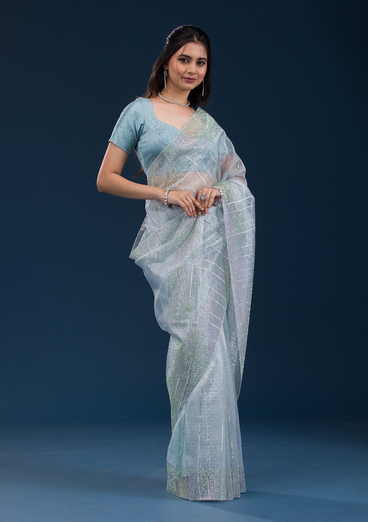 Koskii Sky Blue Stonework Tissue Saree – Women's