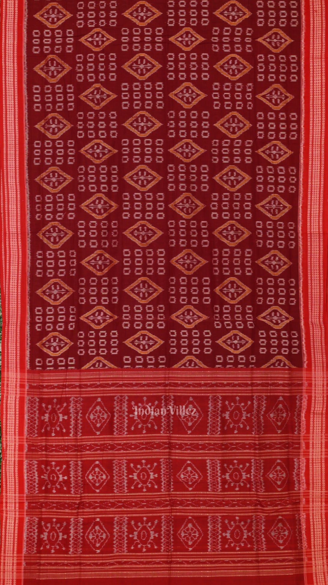 IndianVillèz Maroon Pure Sambalpuri Ikat Cotton Saree