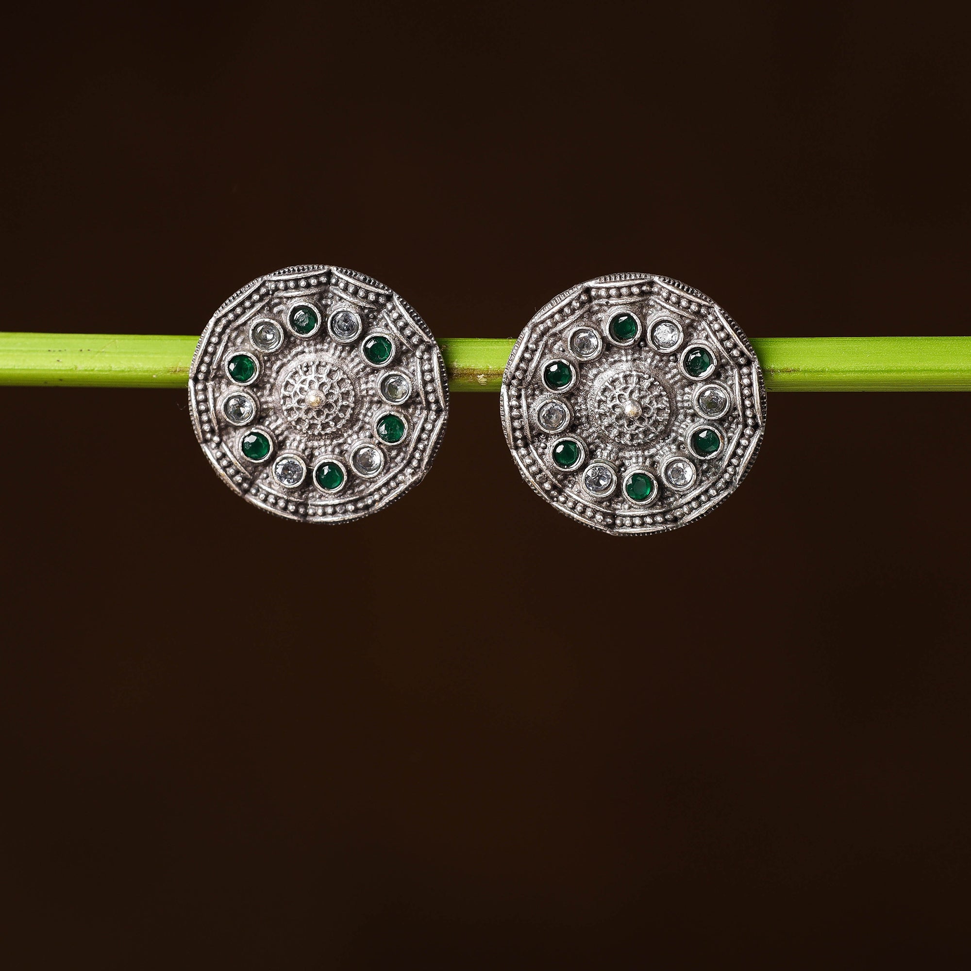 WHITE RIVER STORIES Antique Silver Finish Oxidised Brass Base Stone Work Stud Earrings