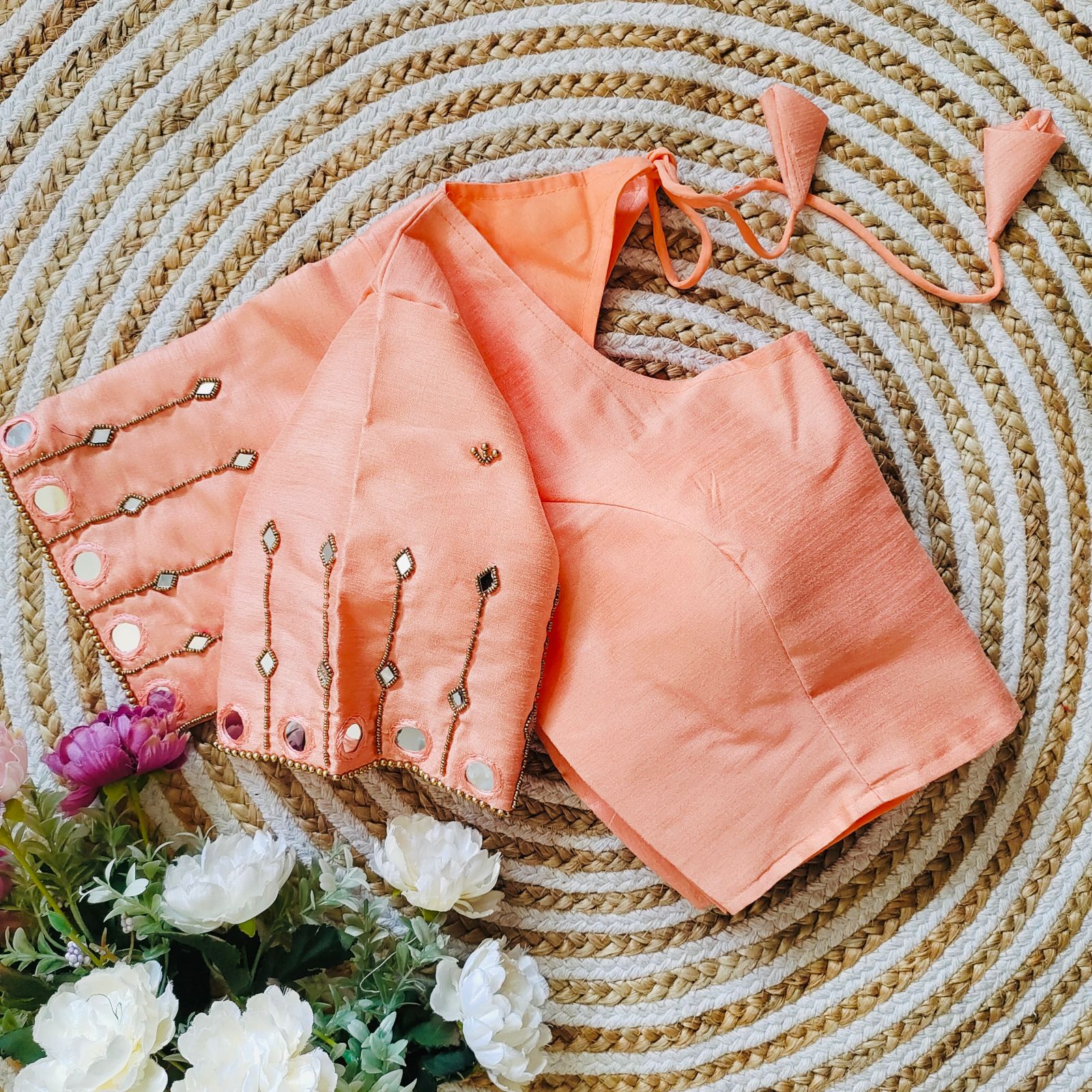 ClothsVilla Orange Russian Silk Blouse with Mirror and Pearl Embellishments - view 3