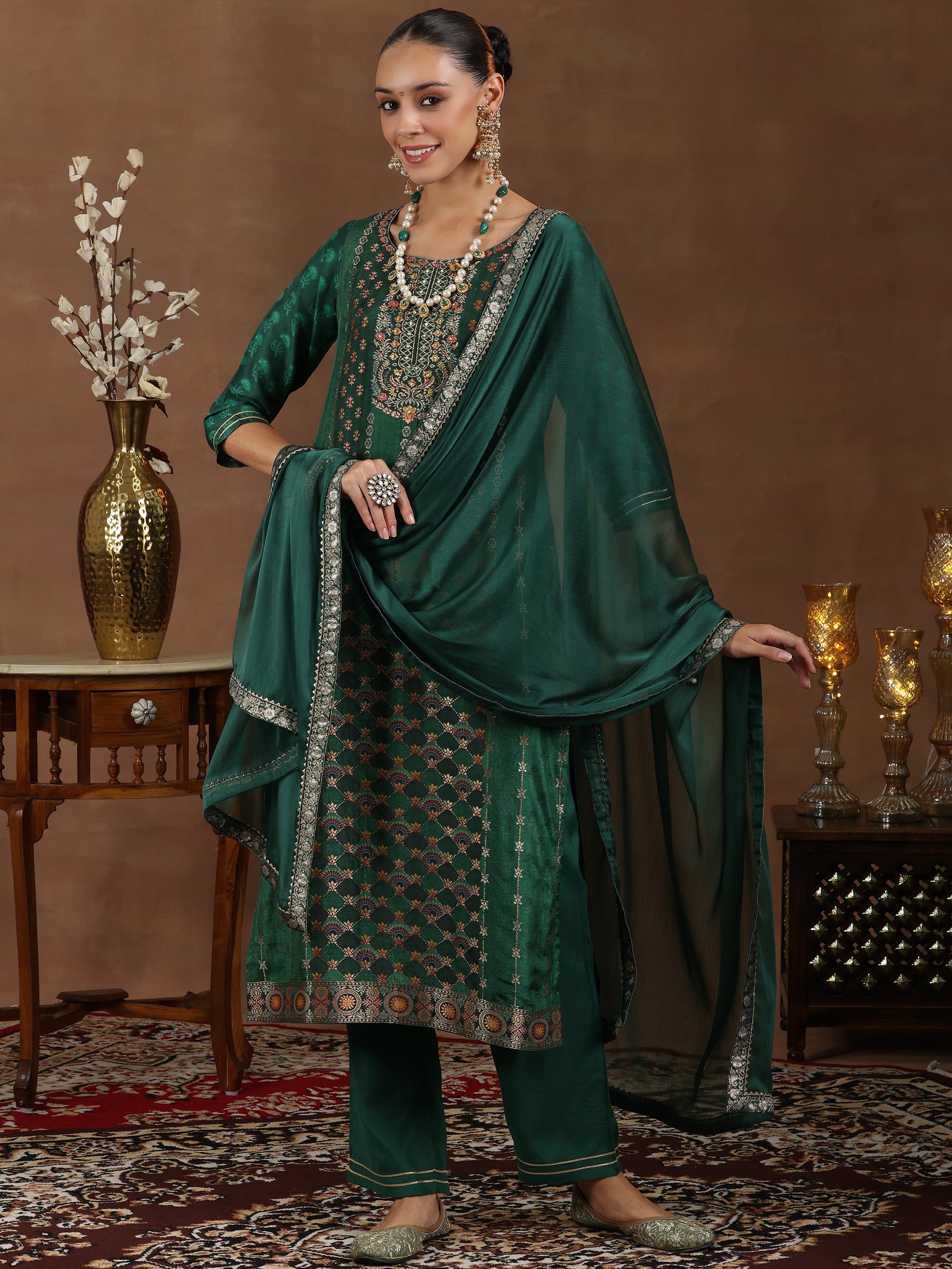 Libas Green Woven Design Silk Blend Straight Suit With Dupatta