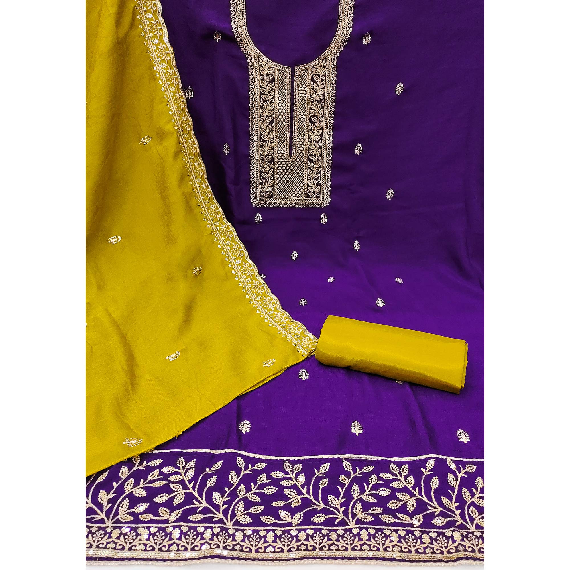 Peachmode Purple Floral Sequins Embroidered Vichitra Silk Dress Material - view 3