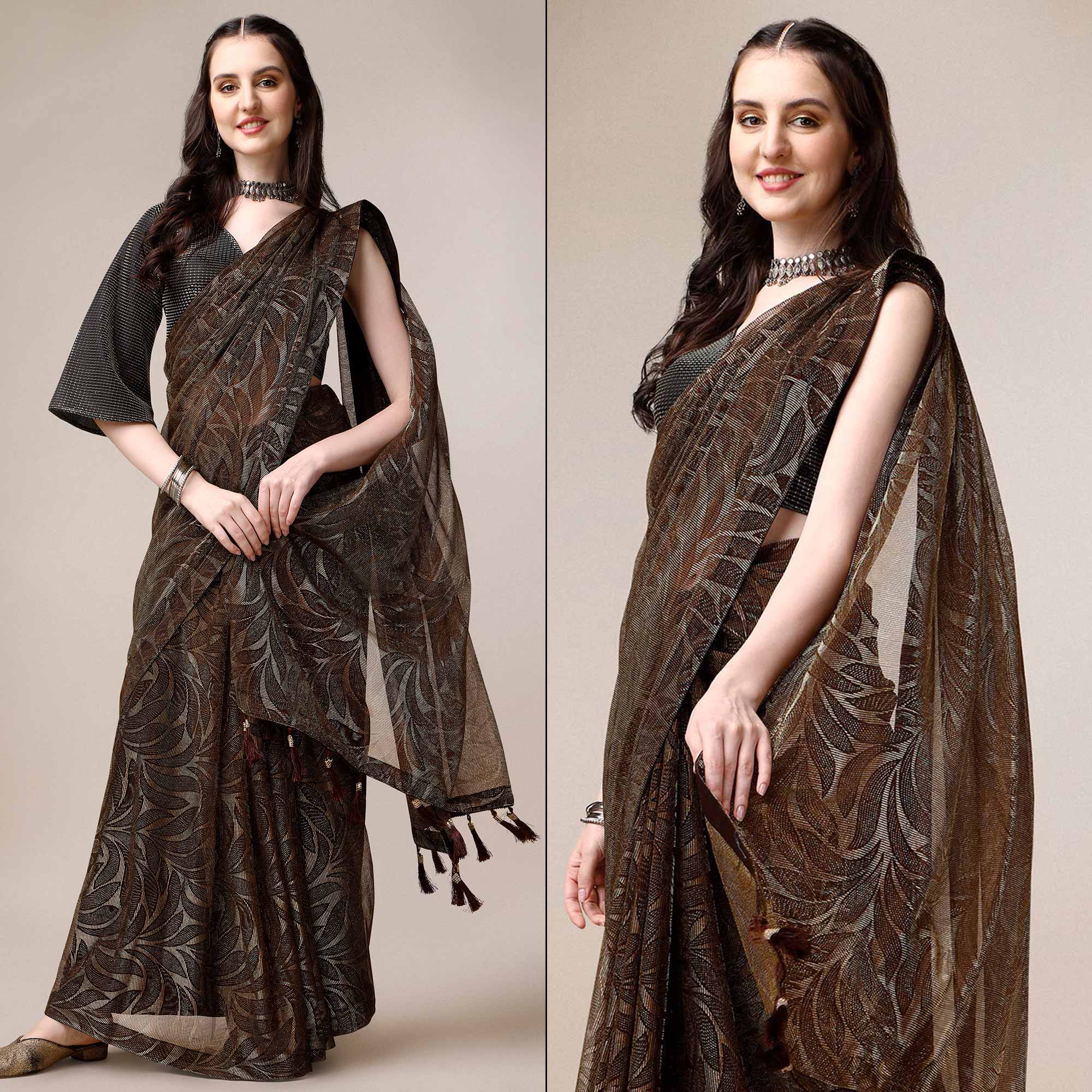 Peachmode Brown Floral Printed Rayon Saree – Women's
