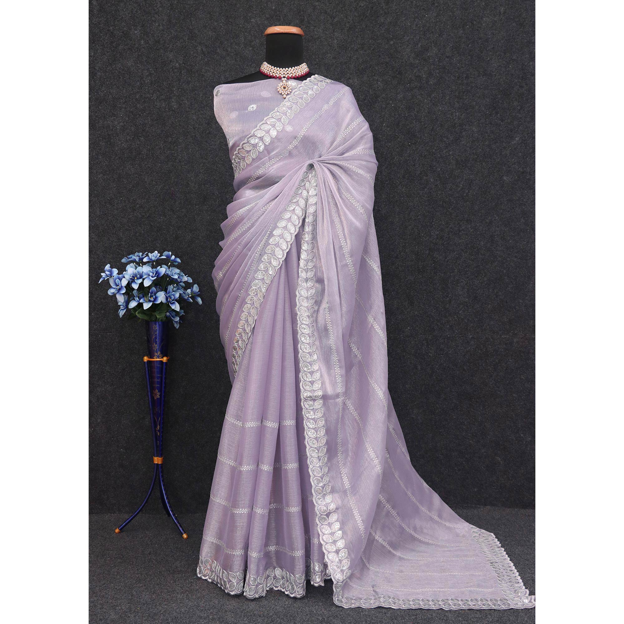 Peachmode Lavender Sequins Embroidered Chiffon Silk Saree - view 4