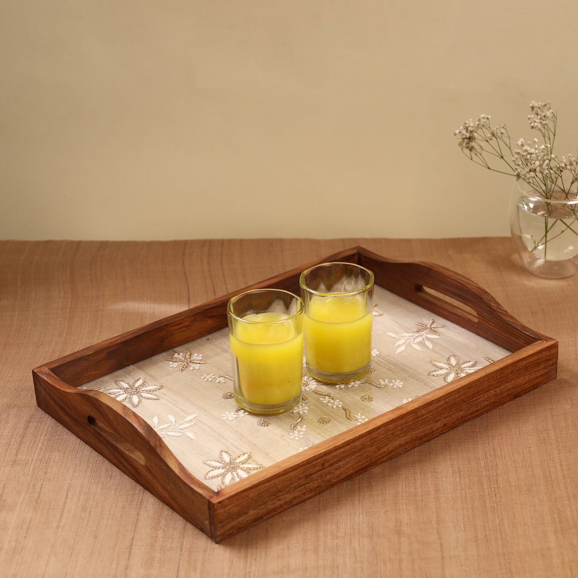 LAVANGG Beige - Chikankari Zari Hand Embroidered Sheesham Wood Tray