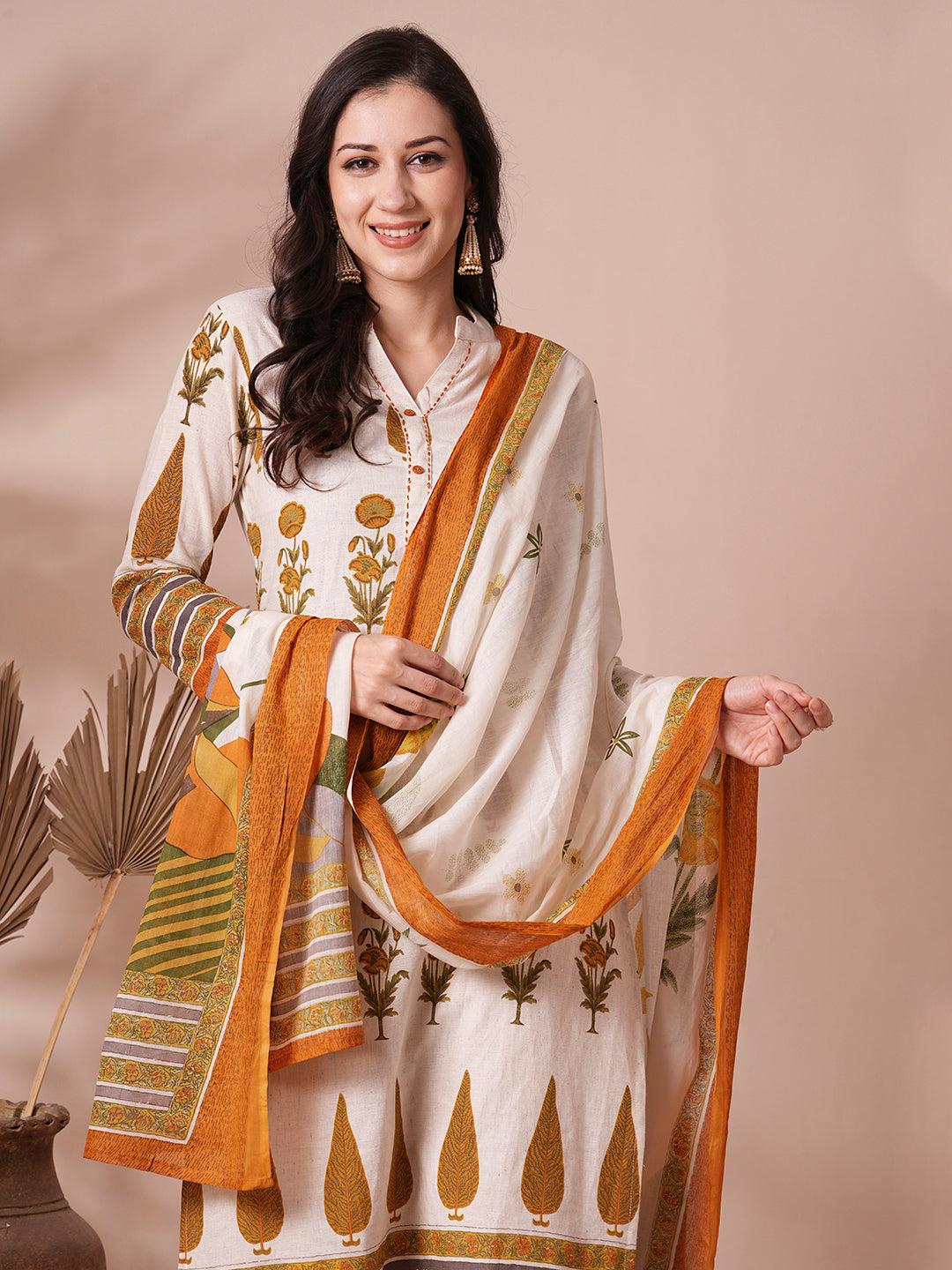 FASHOR Ethnic Printed Straight Fit Cotton Flax Kurta with Pant and Dupatta - Off White - view 3