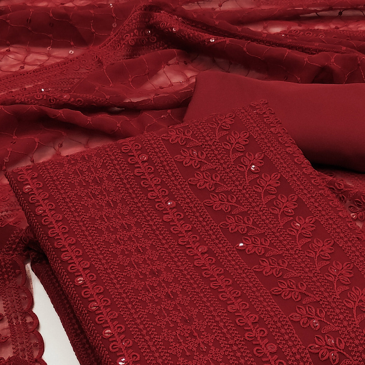 Peachmode Maroon Lucknowi Embroidered Georgette Dress Material - view 2