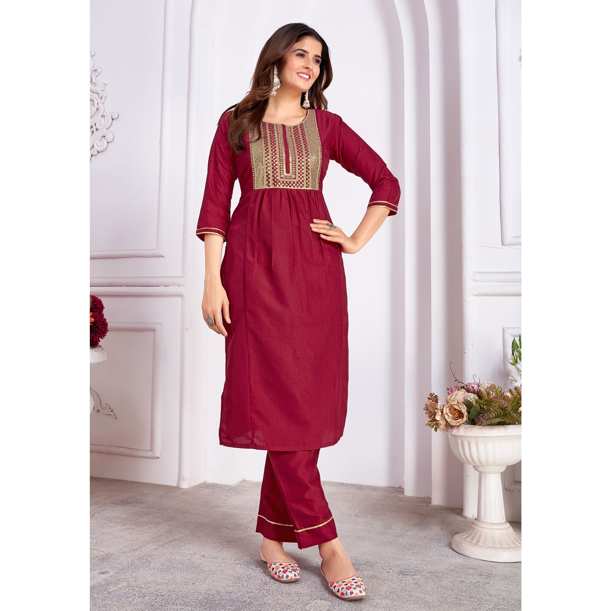 Peachmode Seller Dark Magenta Embroidered Art Silk Salwar Suit - view 4