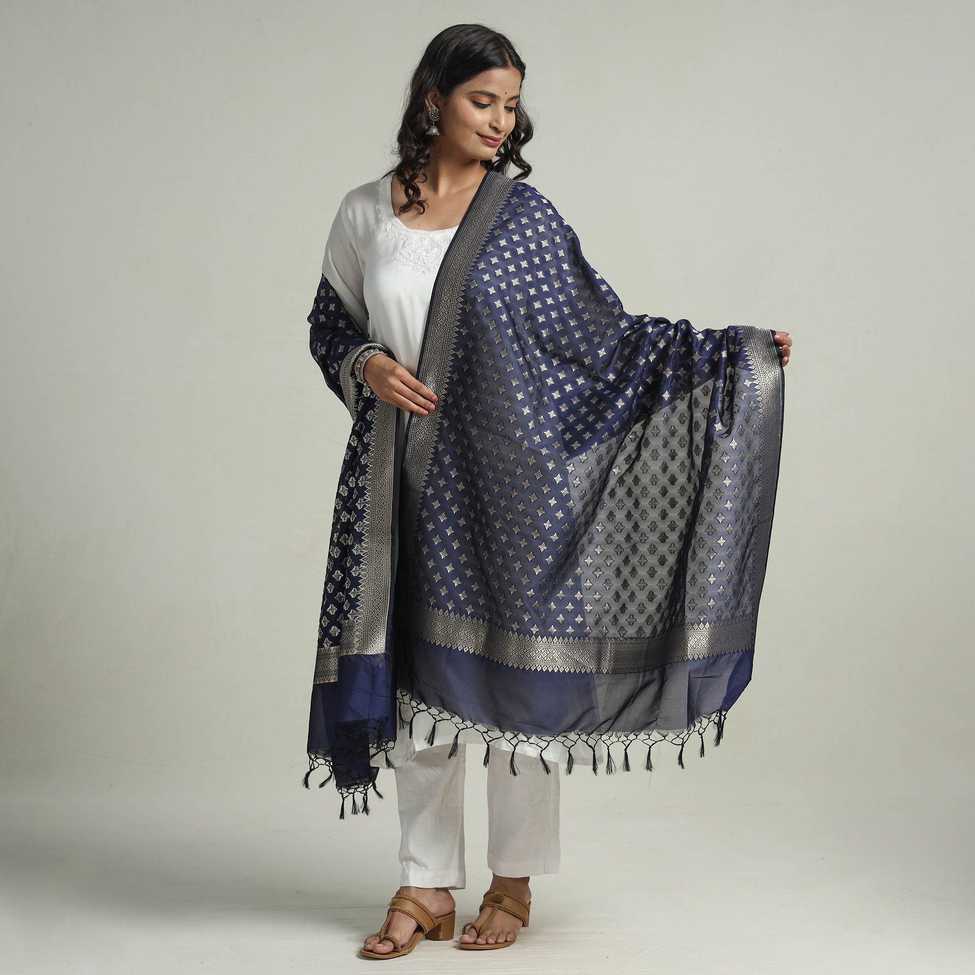 BANARASI BY MAQBUL HASAN Blue - Banarasi Semi Silk Zari Jaal Dupatta with Tassels 29