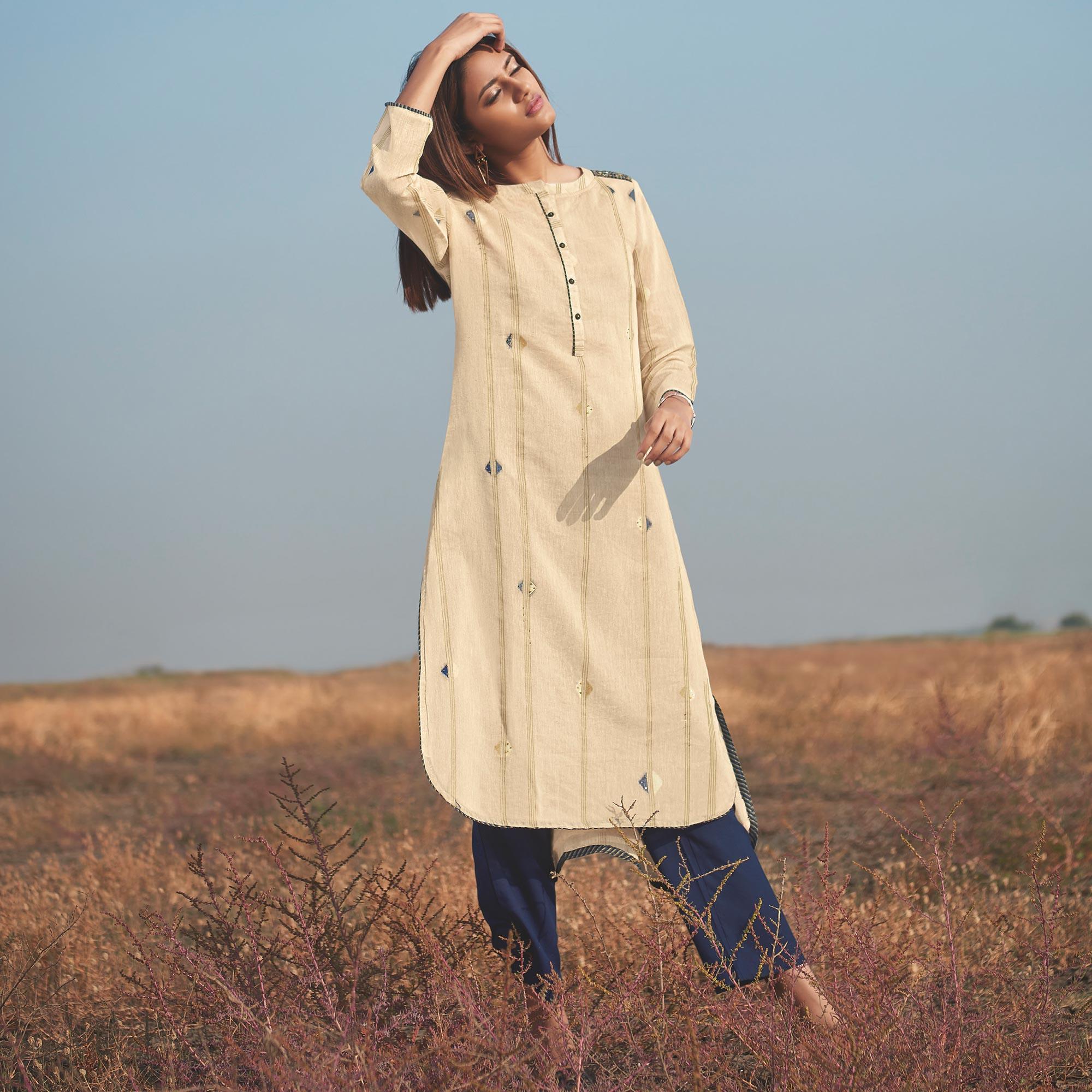 Peachmode Seller Captivating Beige Colored Party Wear Handwork Handloom Cotton Kurti-Pant Set