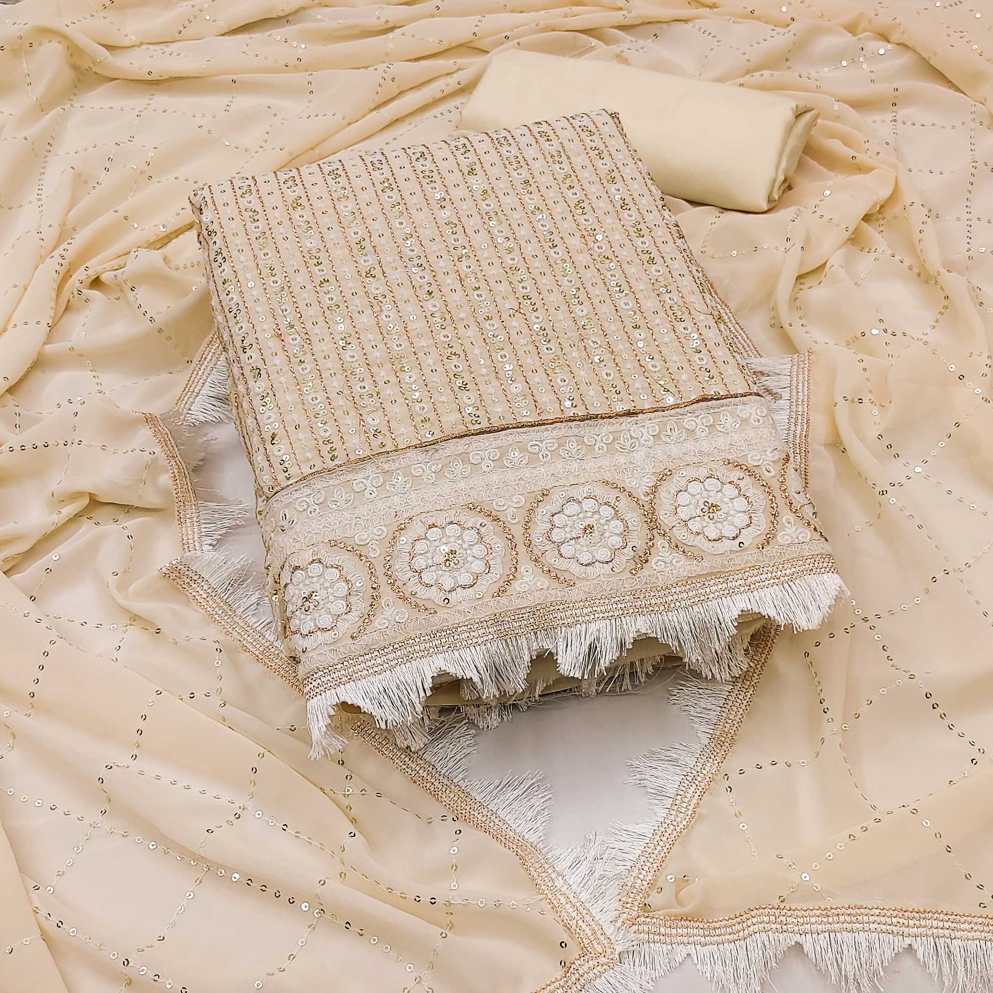 Peachmode Cream Sequins Embroidered Georgette Dress Material