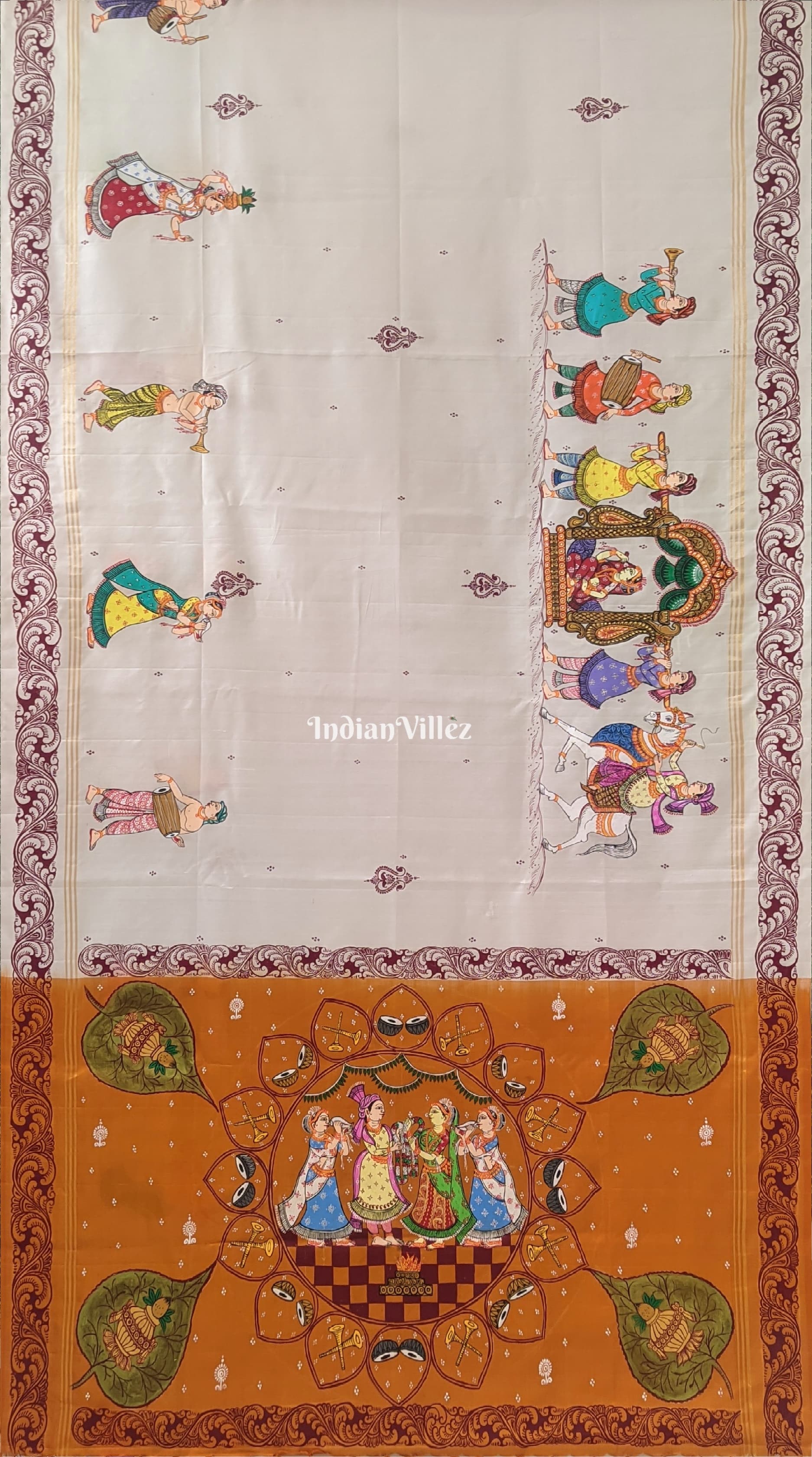 IndianVillèz Red Mustard Yellow Marriage Theme Hand-Painted Pattachitra Saree