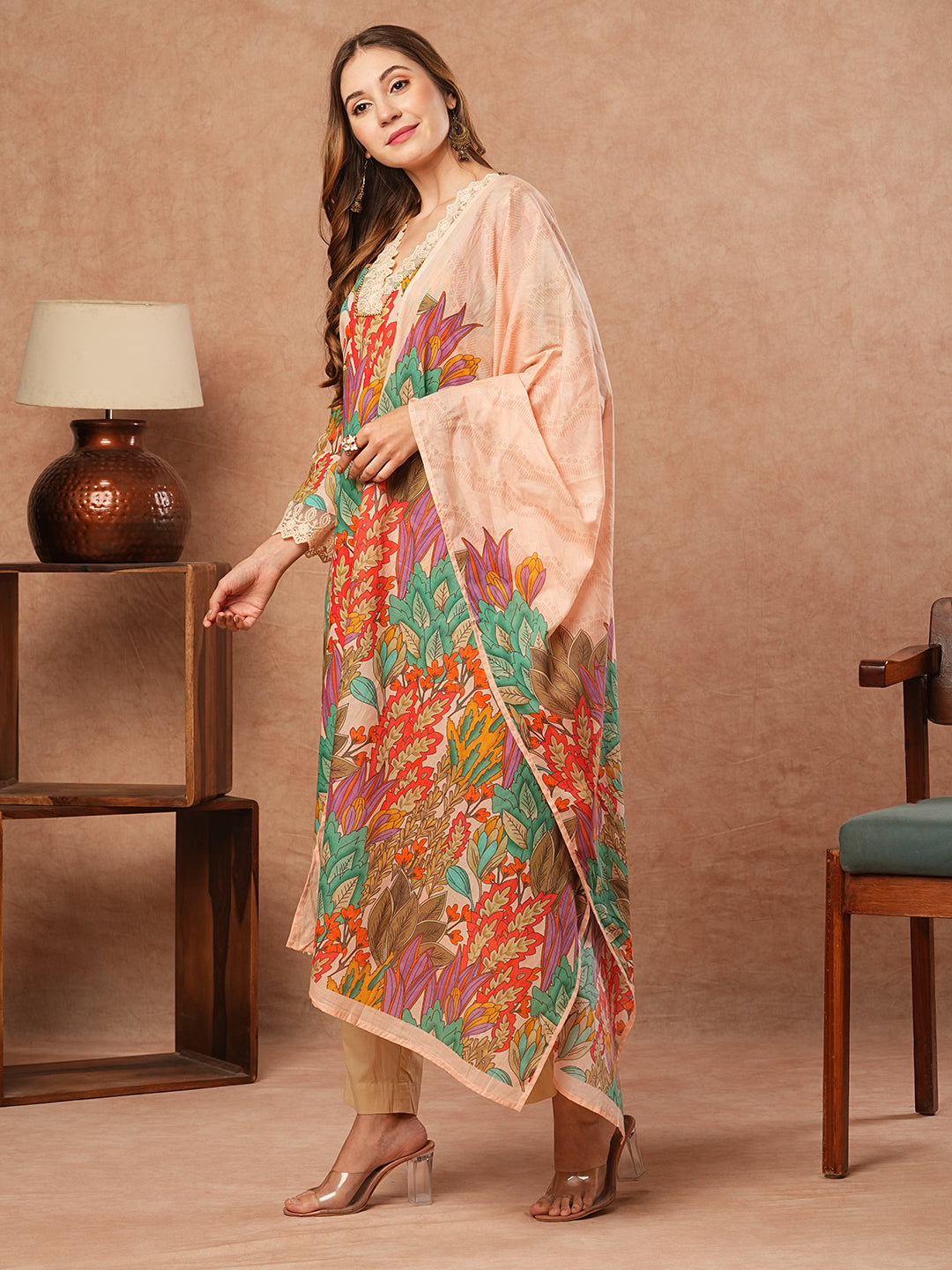FASHOR Floral Printed Resham Embroidered Lace Work Kurta with Pants & Dupatta - Multi - view 3