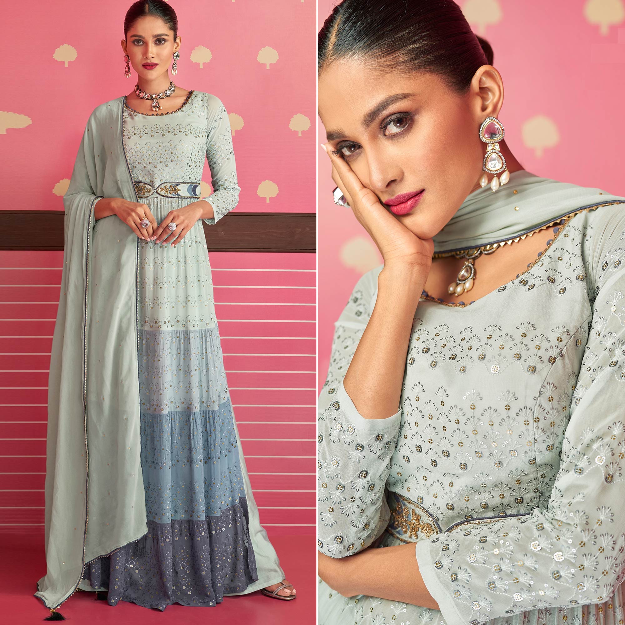 Peachmode Seller Grey Sequins Embroidered Georgette Naira Cut Sharara Suit