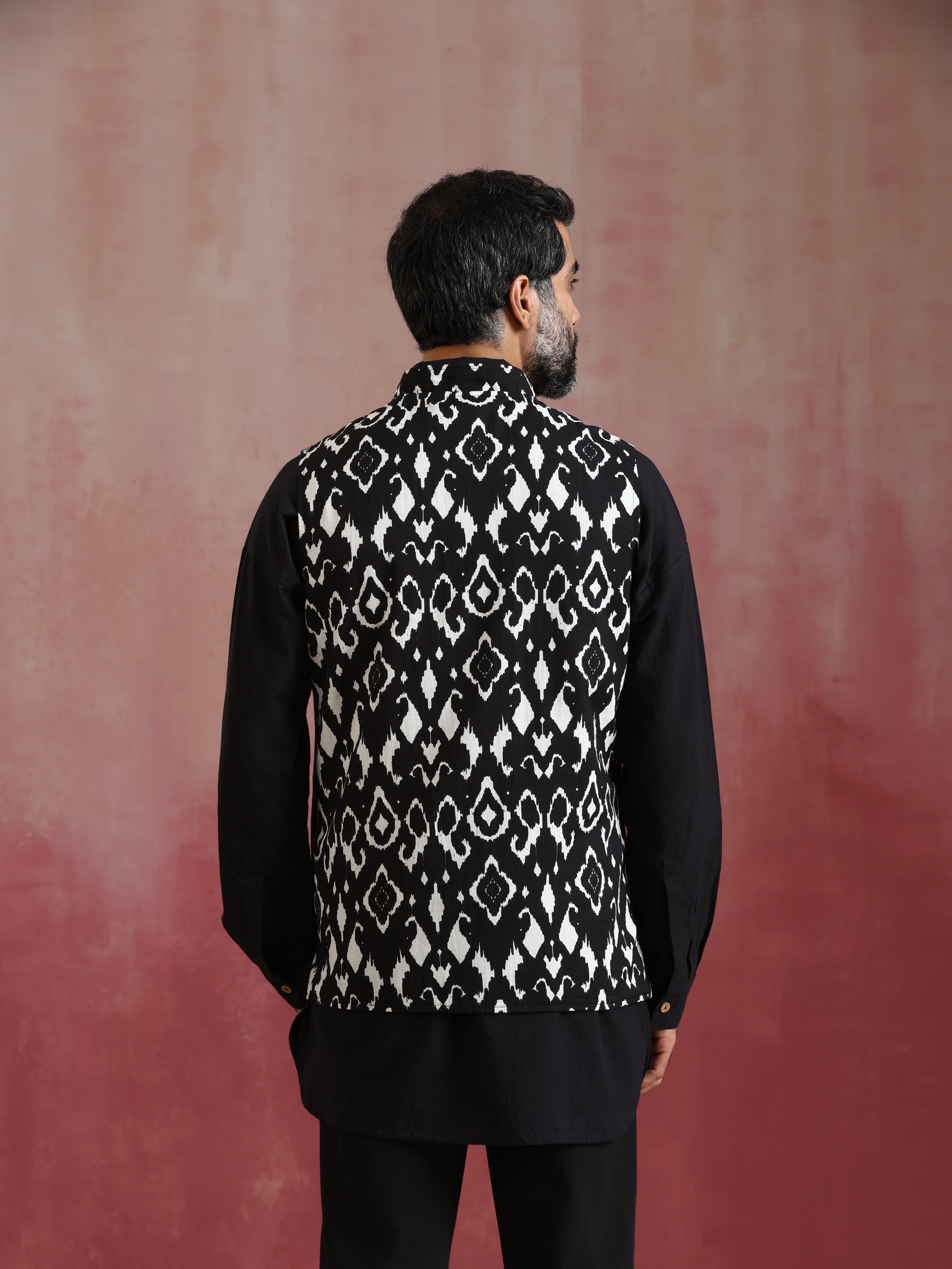 trueBrowns Men's Black Ikat Reversible Nehru Jacket - view 8
