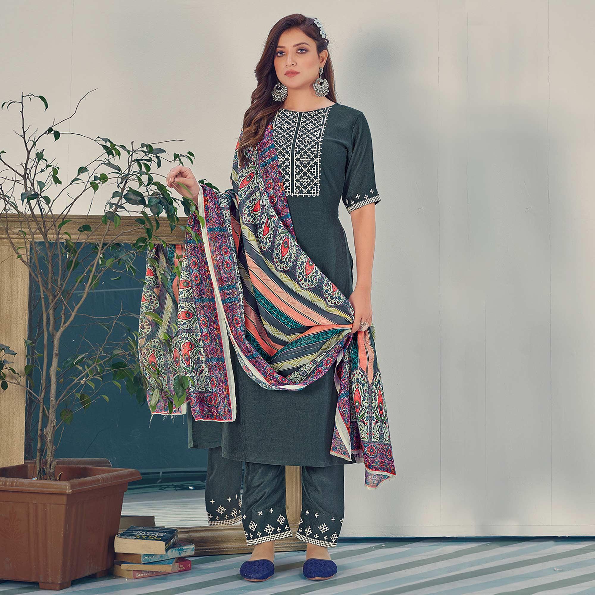 Peachmode Seller Bottle Green Embroidered With Embellished Chiffon Kurti Pant Set With Dupatta - view 2
