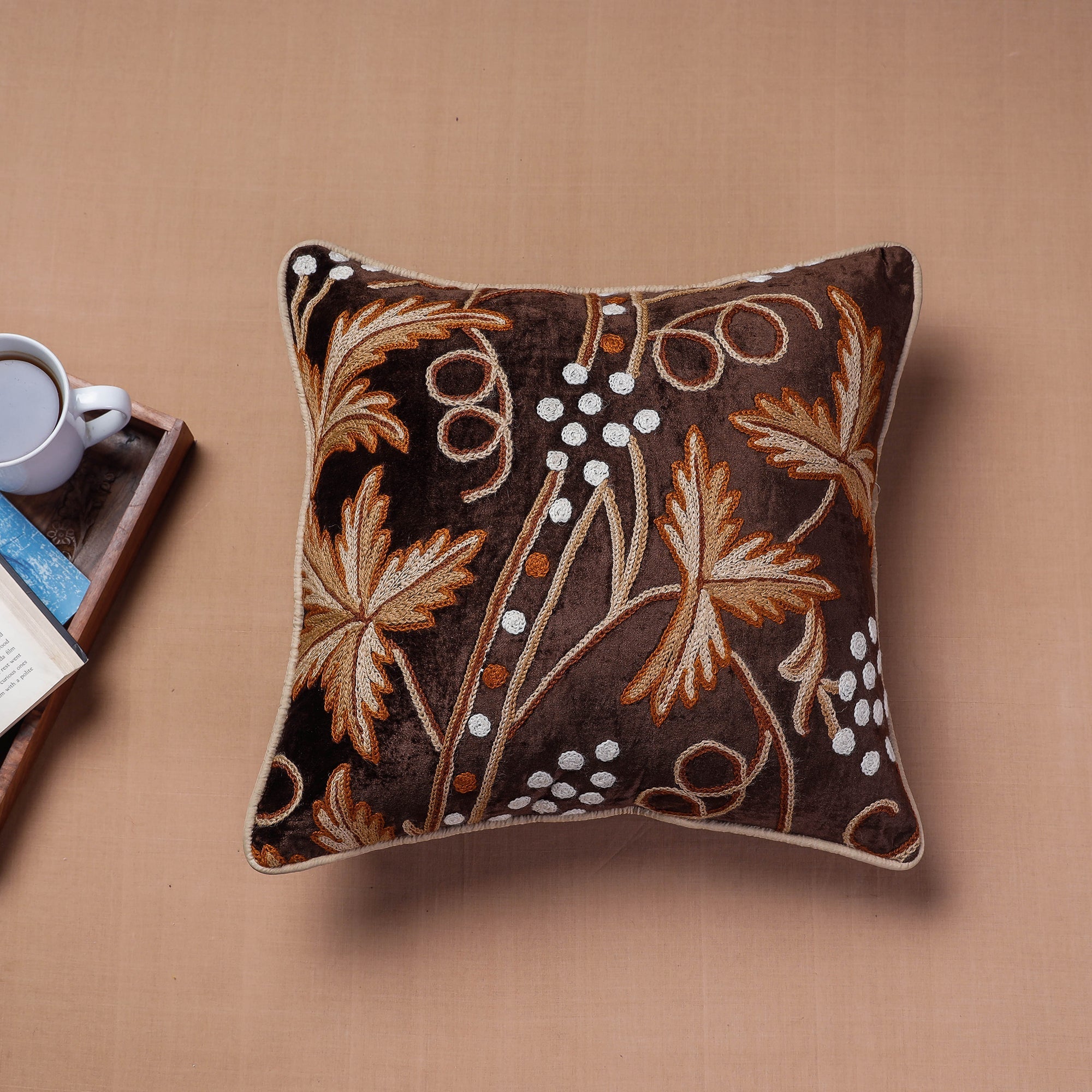 ITOKRI CRAFTS INITIATIVE Brown - Original Chain Stitch Crewel Thread Hand Embroidery Velvet Cushion Cover (16 x 16 in)