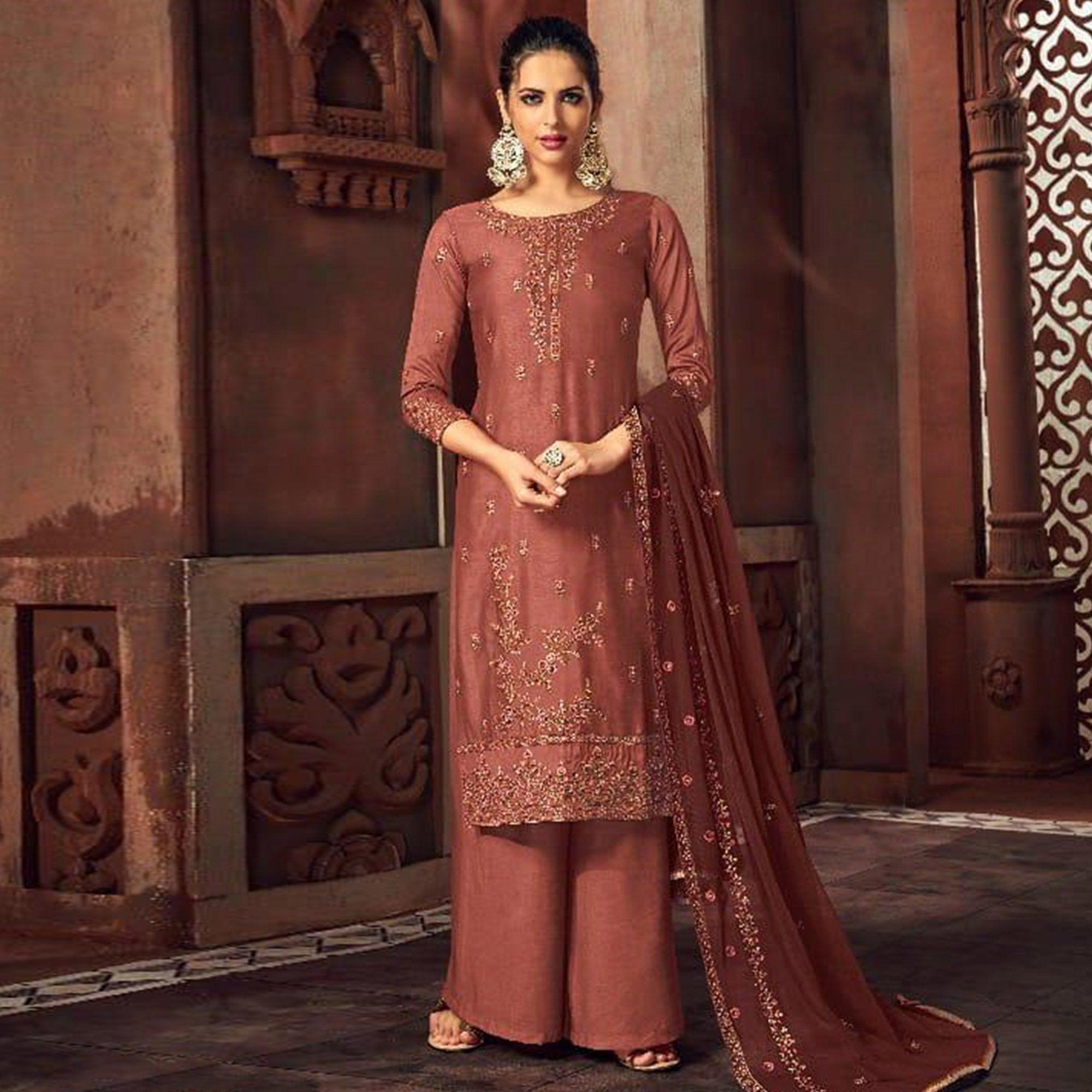 Peachmode Desirable Muave Colored Party Wear Embroidered Silk Palazzo Suit