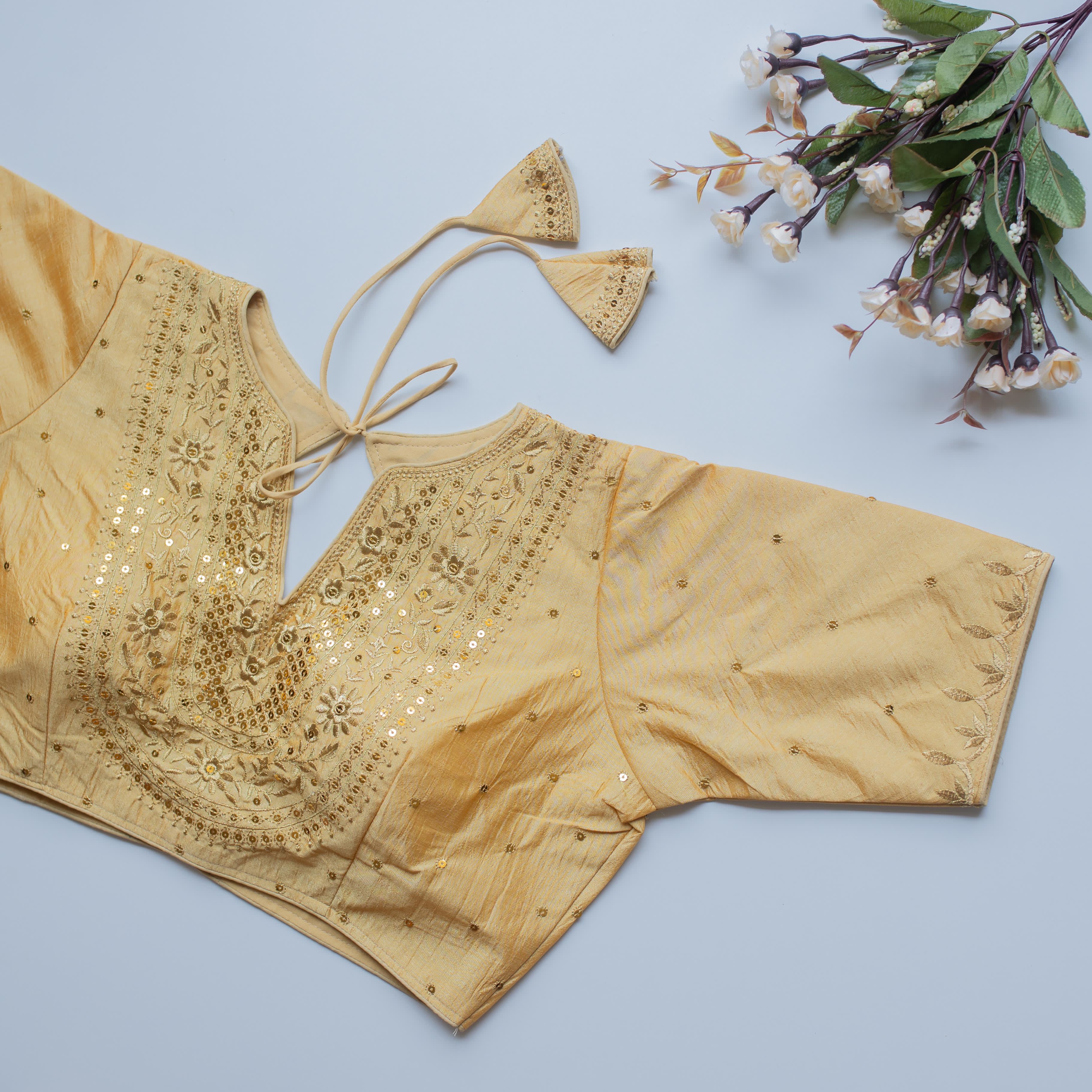 ClothsVilla Cream Olive Silk Blouse with Golden Embroidery and Sequence Accents